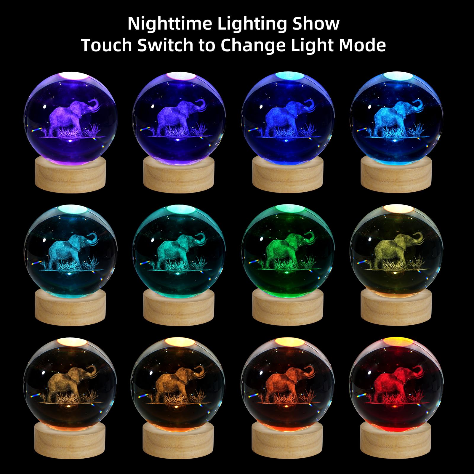 Zxblaq 3D Elephant Crystal Ball Night Light, Upgraded 3.15 Inch Glass Ball Lamp With 16 Color Led Wooden Base, Elephant Lamp Dec