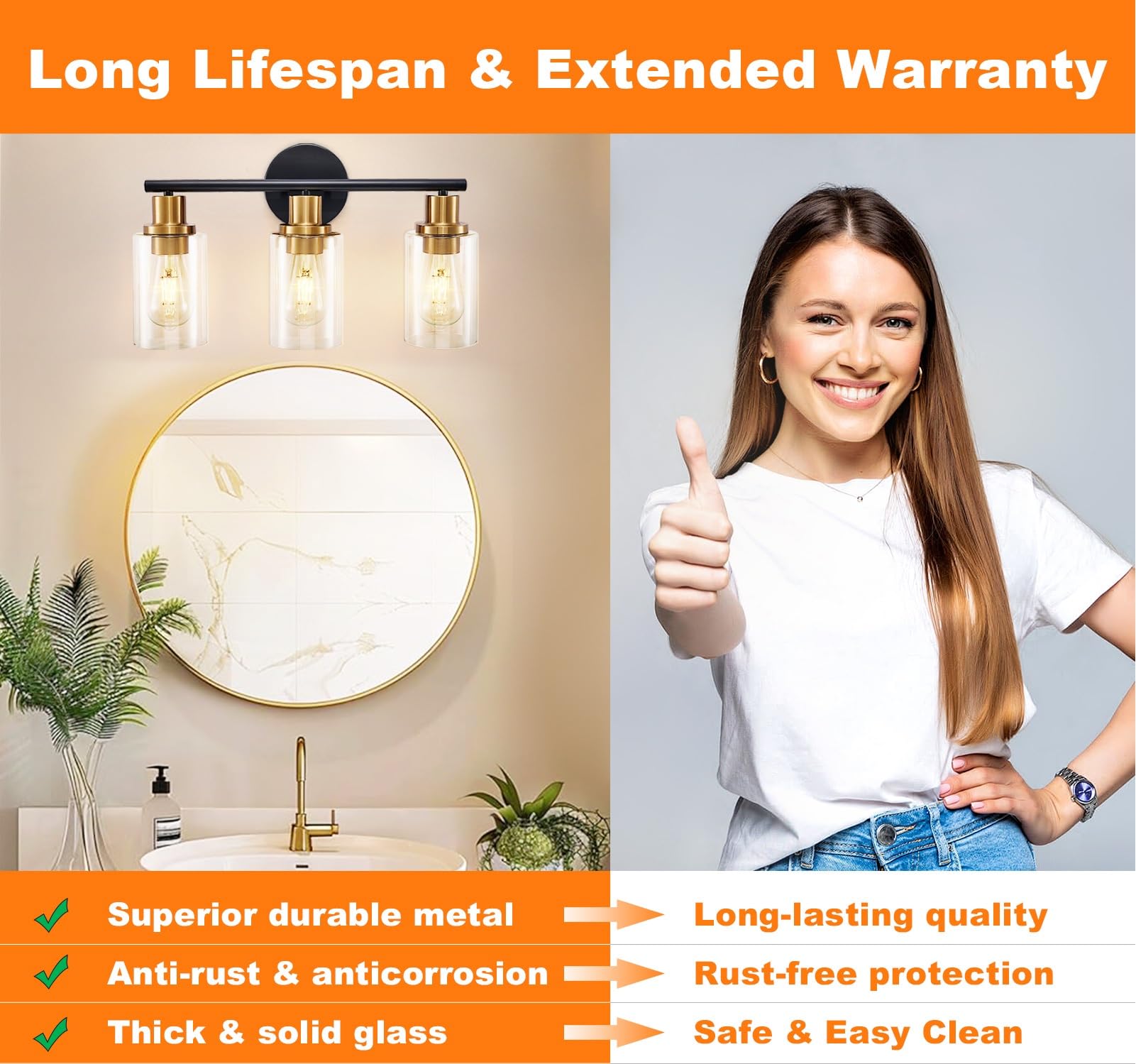 DINGLILIGHTING 3-Light Bathroom Vanity Light Fixtures Black & Gold Metal WS-FNW2-60B-3-BG with Clear Glass Shades