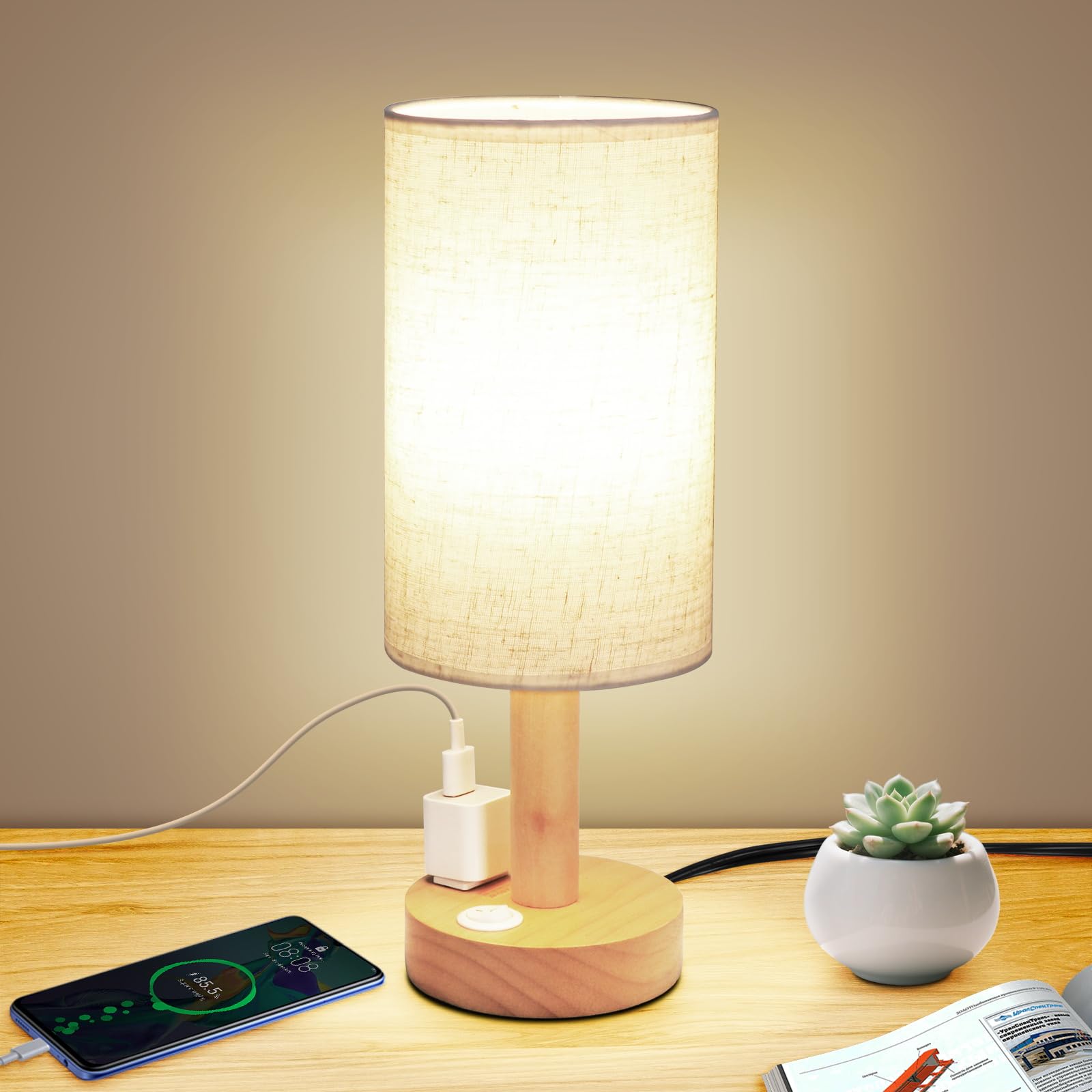 Small Bedside Table Lamp with AC Outlet Natural Round Wood Base&Fabric Linen Shade Cozy Night Table Light for Study Reading Minimalist Boho Desk Lamp for Nightstand Living Room Nursery Kitchen Dorm
