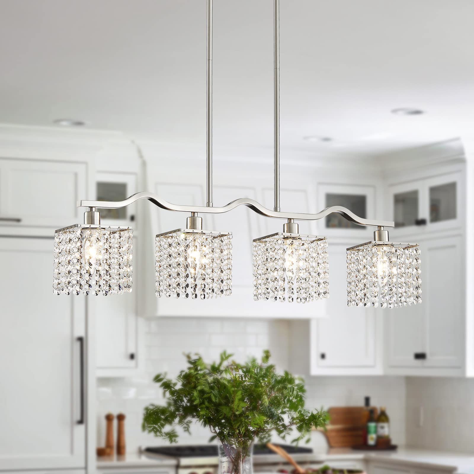 WUZUPS Crystal Chandelier 4-Light Linear Raindrop Pendant Ceiling Light Modern Lighting Fixture for Bedroom Dinning Room Bar Kit