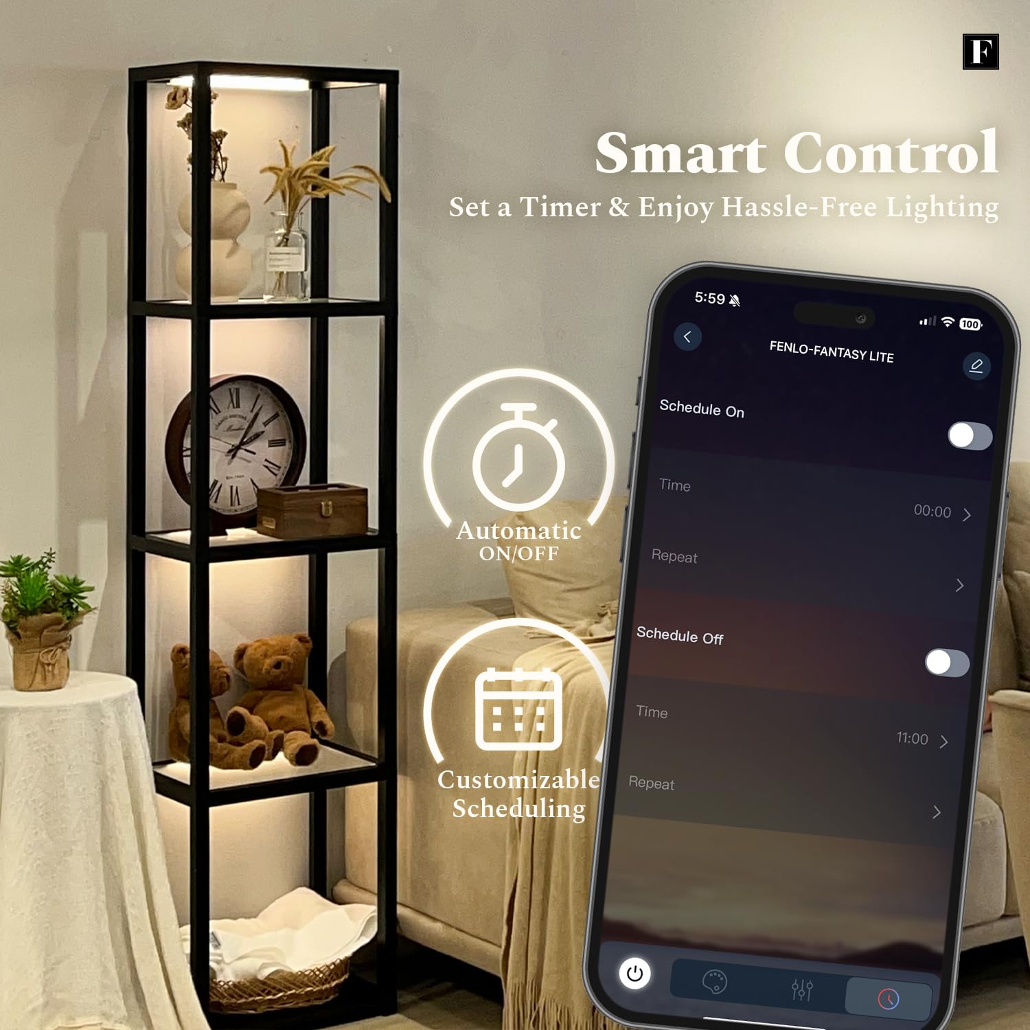 FENLO LED Glass Display Cabinet, Dimmable Light, Black, Model FEN-109-CCT-BK, Curio Shelf Lamp for Bedroom, Living Room, or Office