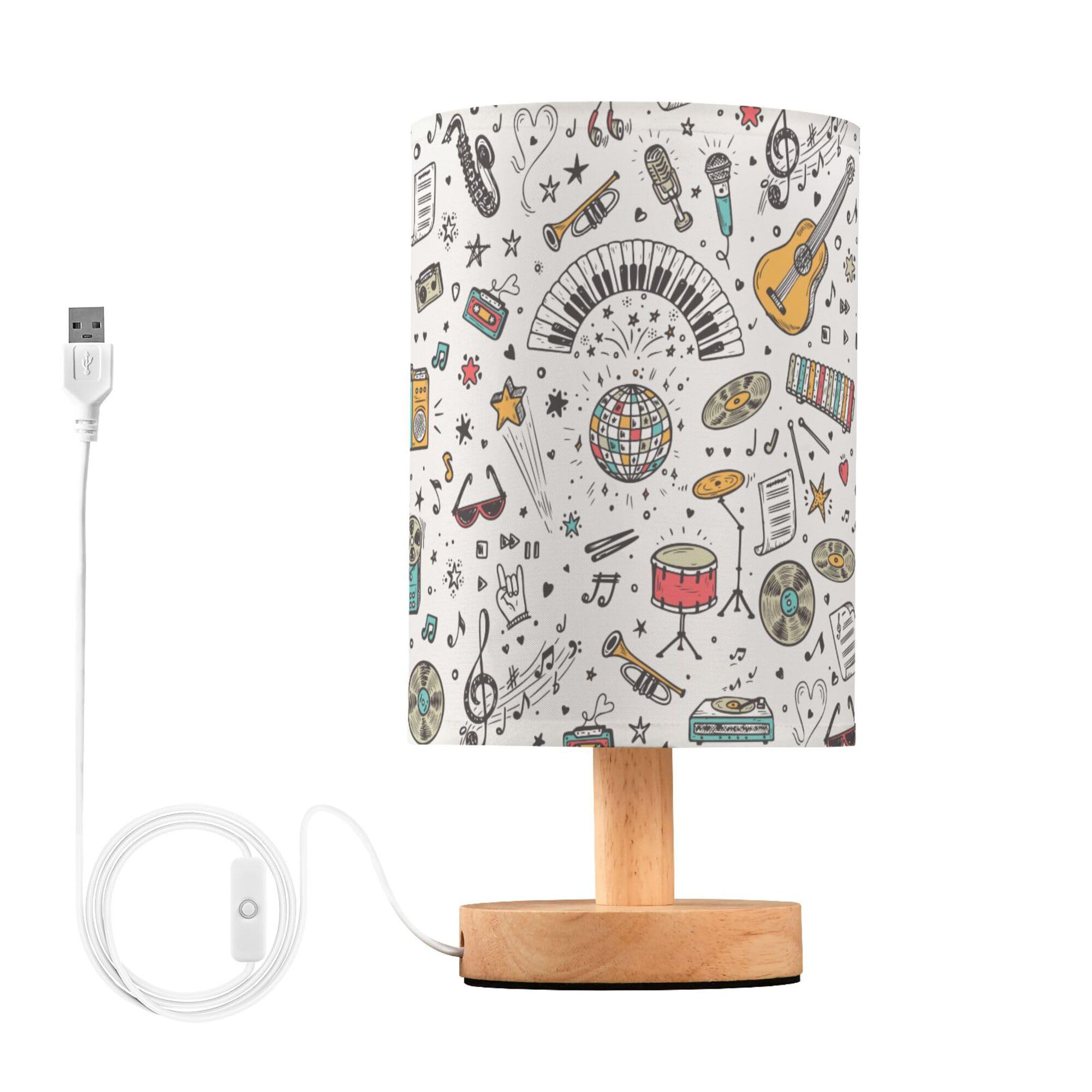 YYZZH Table Lamp Music Pattern Musical Instrument Musical Notes Nightstand Lamp with Wood Base Fabric Lamp Shade Bedside Desk La