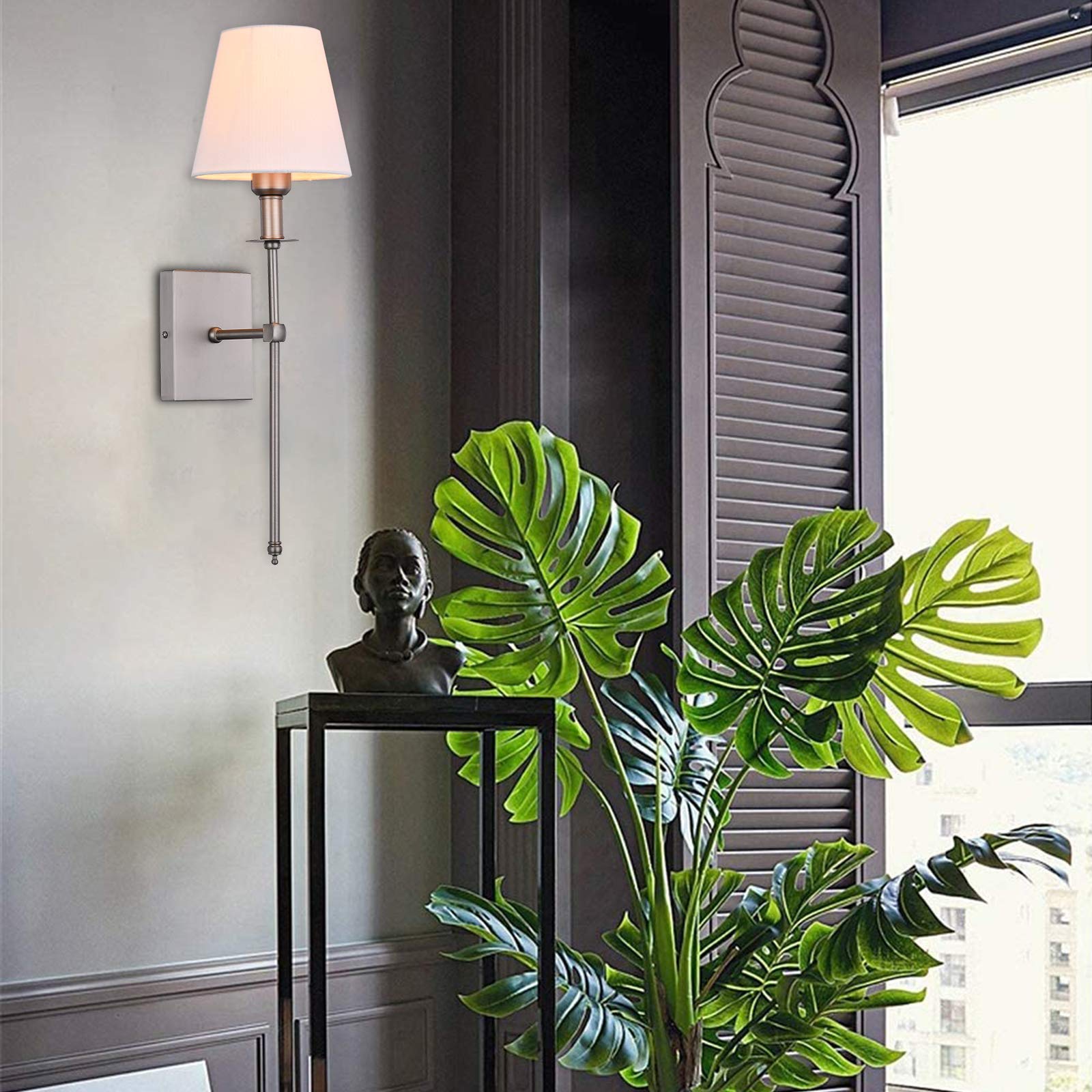 Pauwer Slim Wall Sconce Set of 2 White Fabric Shade Wall Sconce Hardwired Indoor Wall Light Column Stand Bedroom Wall Lamp Bathr