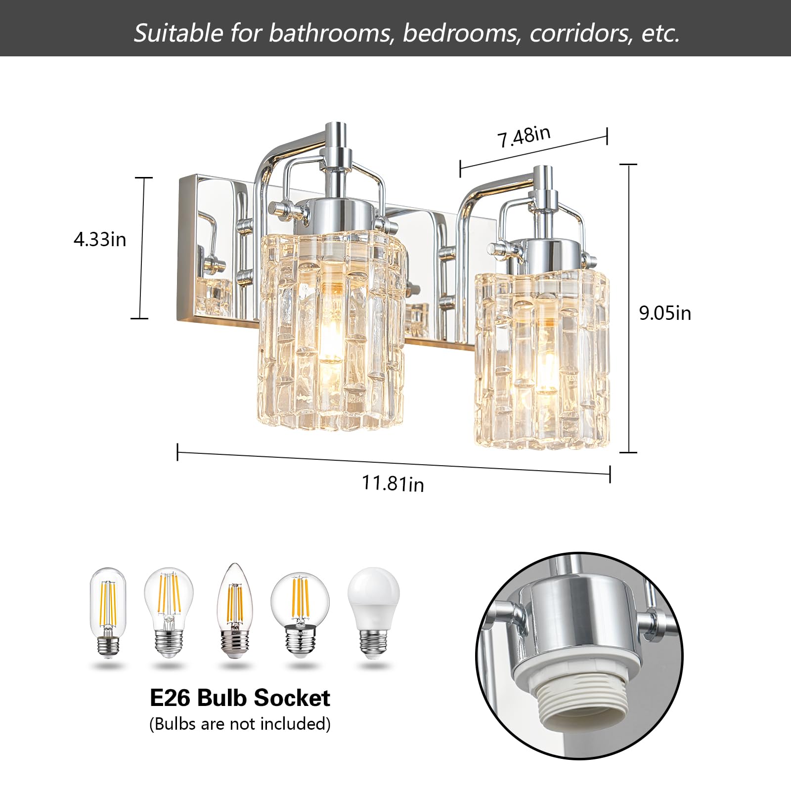 BNHHLZ 2-Light Bathroom Vanity Light Chrome Metal Fixture with Crystal Glass Shade Model 4132