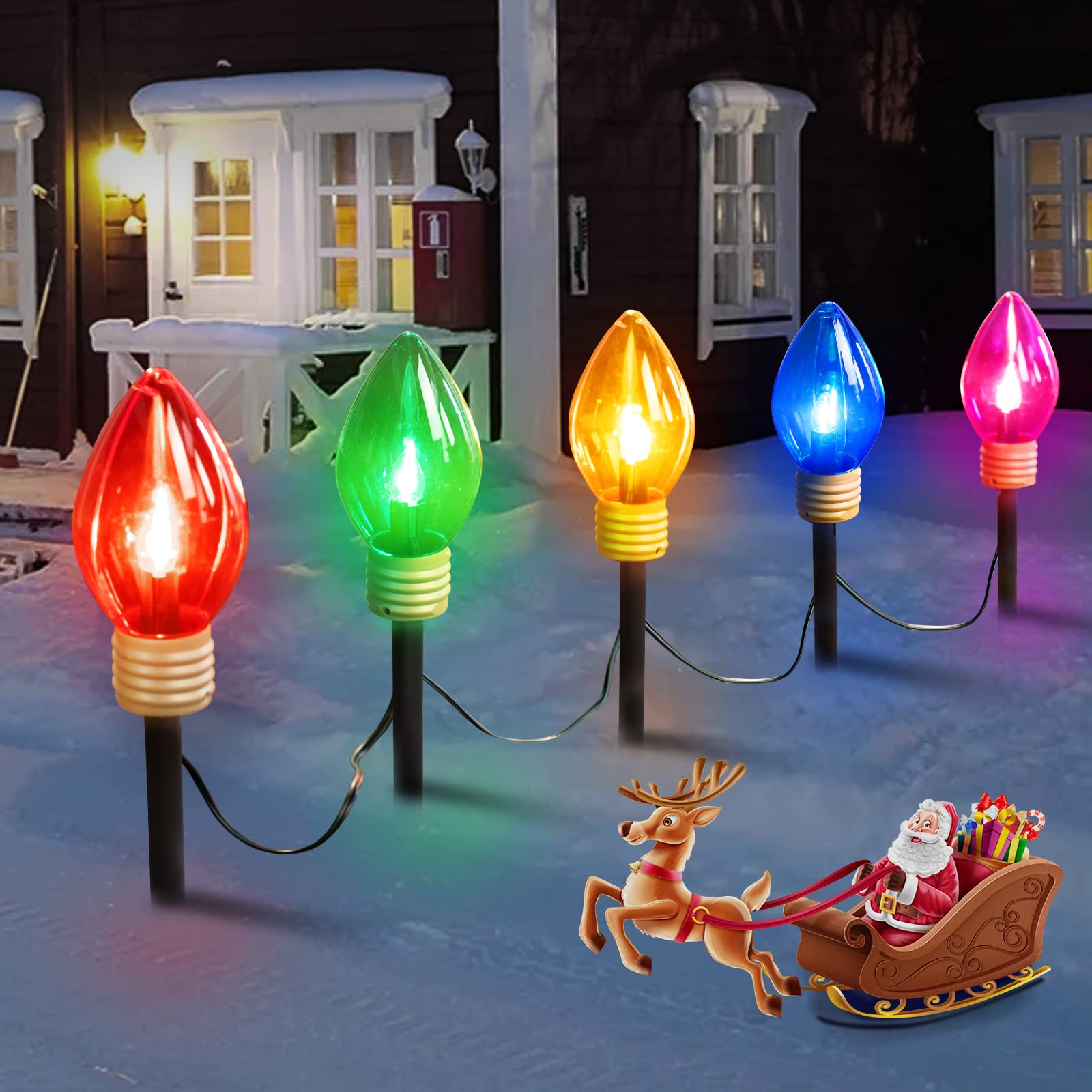 Minetom Christmas Lights Jumbo C9 Outdoor Lawn Decorations with Pathway Marker Stakes, 8.5 ft C7 Lights Covered Jumbo Glitter Mu