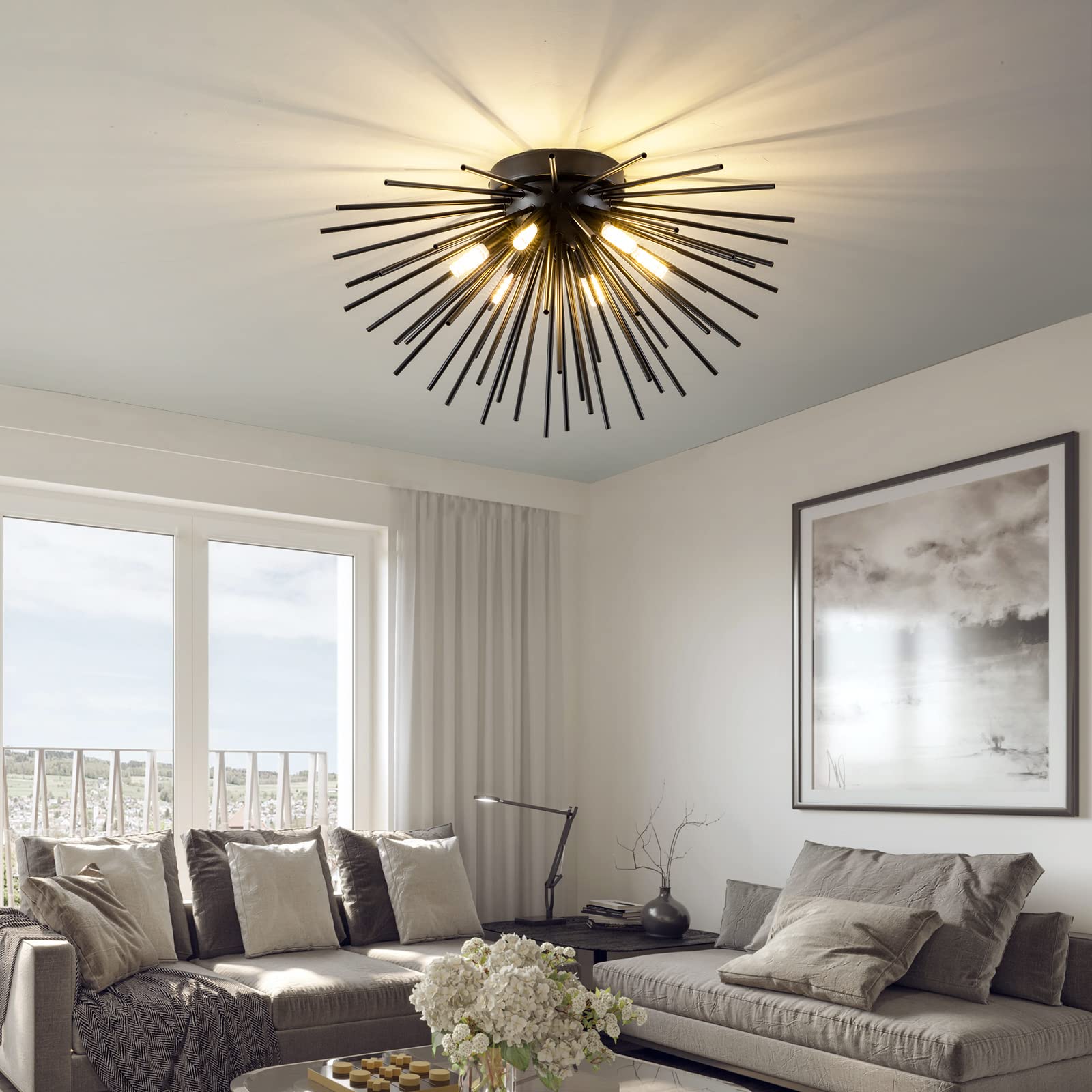 Black Flush Mount Ceiling Lights, Mid Century Starburst Sputnik Chandeliers, 6-Light Close To Ceiling Lighting Fixtures For Bedr