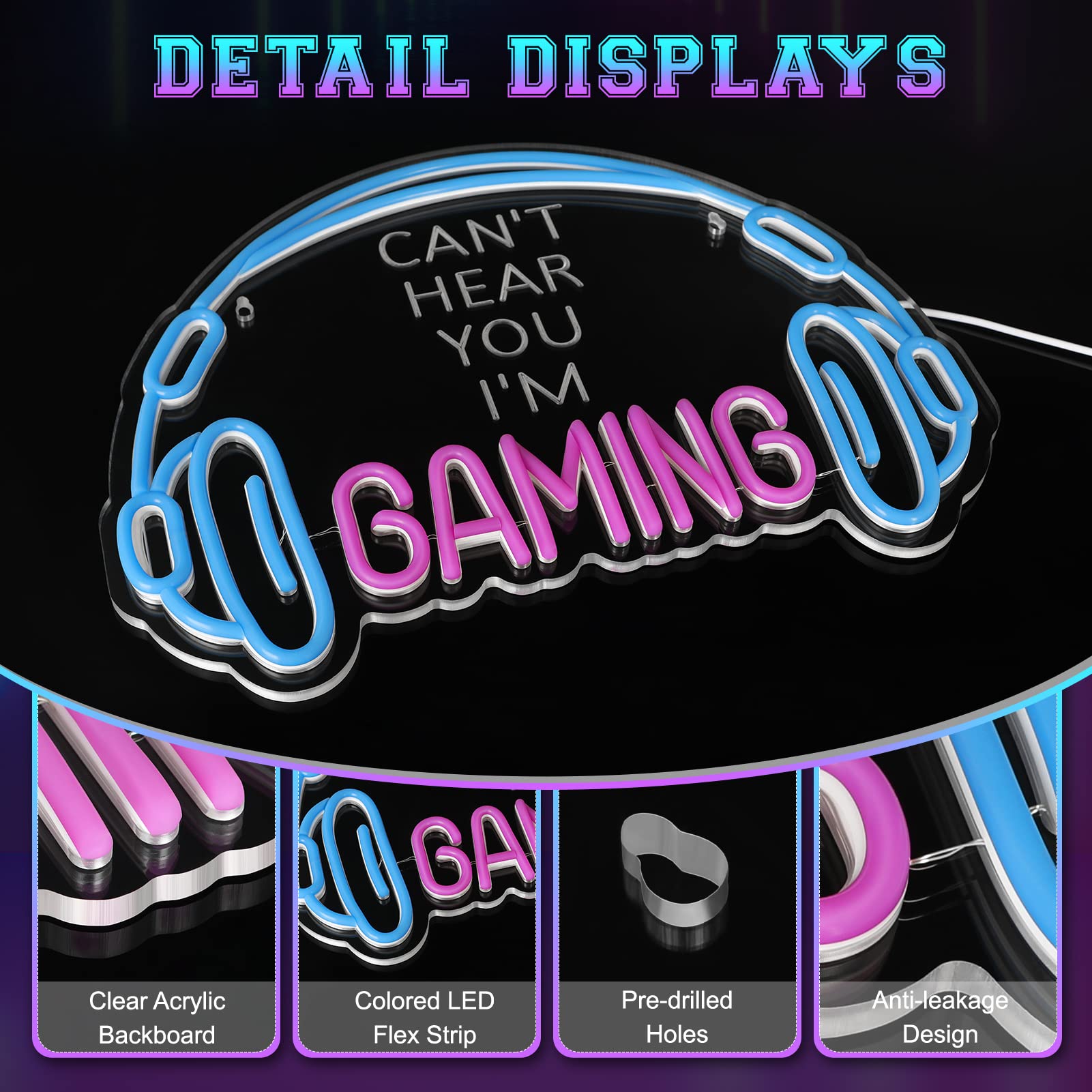 ReyeeInc Gaming Neon Sign - Dimmable LED Headset Light, USB Powered, Blue and Pink, Wall Decor for Gamer Room