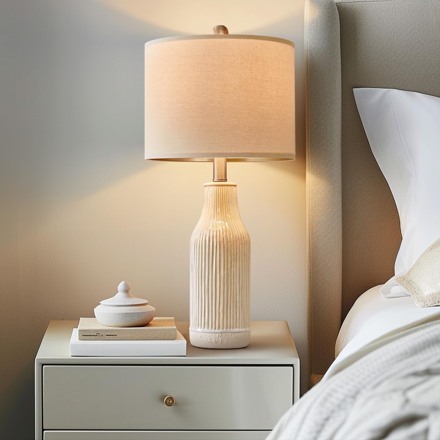 USumkky Modern Ceramic Table Lamp Set of 2, 23.75" Beige Vertical Stripe, Ideal for Living Room & Bedroom Decor