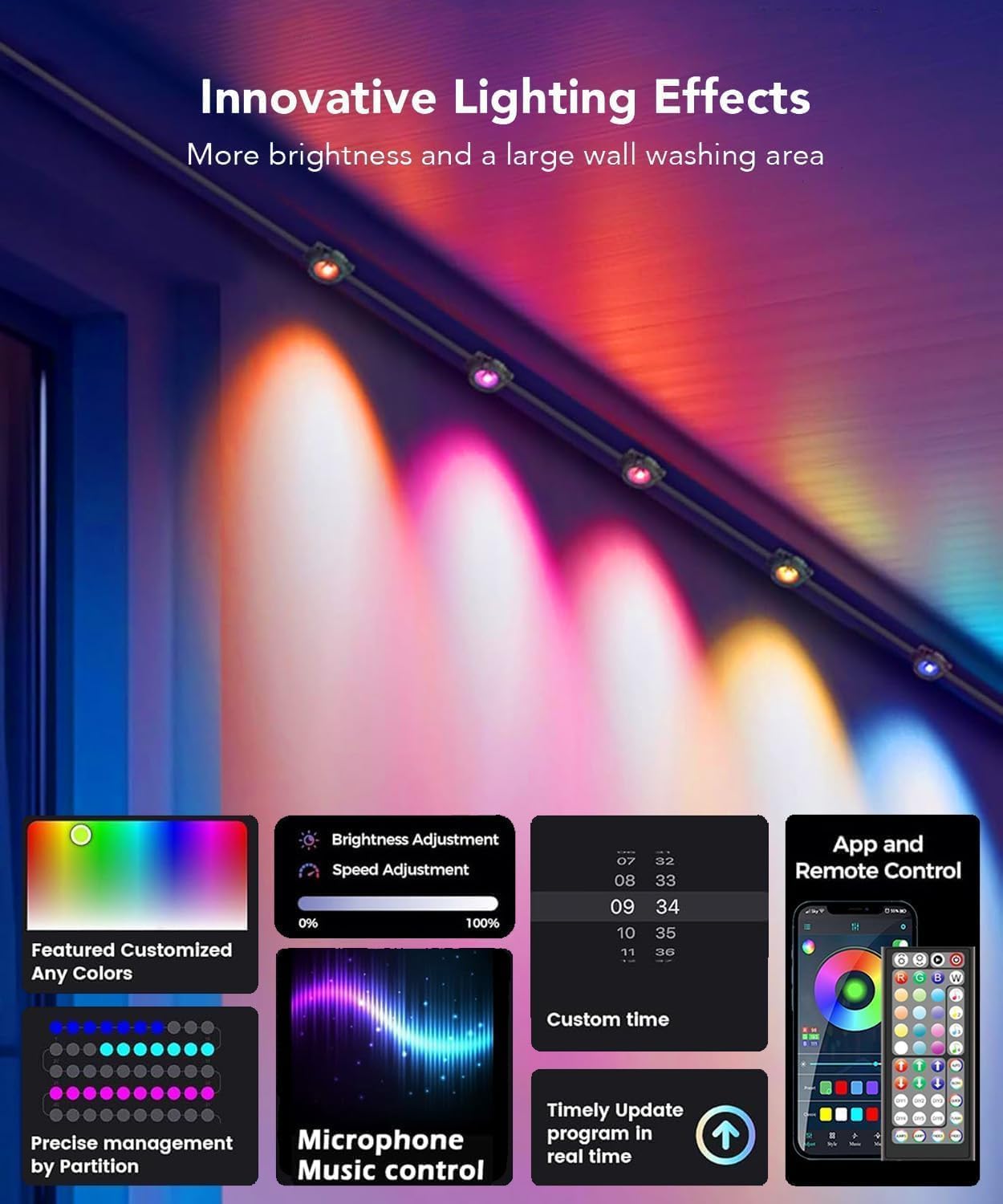 WRRLIGHT 100ft RGB LED Outdoor Lights, IP67 Waterproof, Smart Remote Control, Model KQ-NL-LED