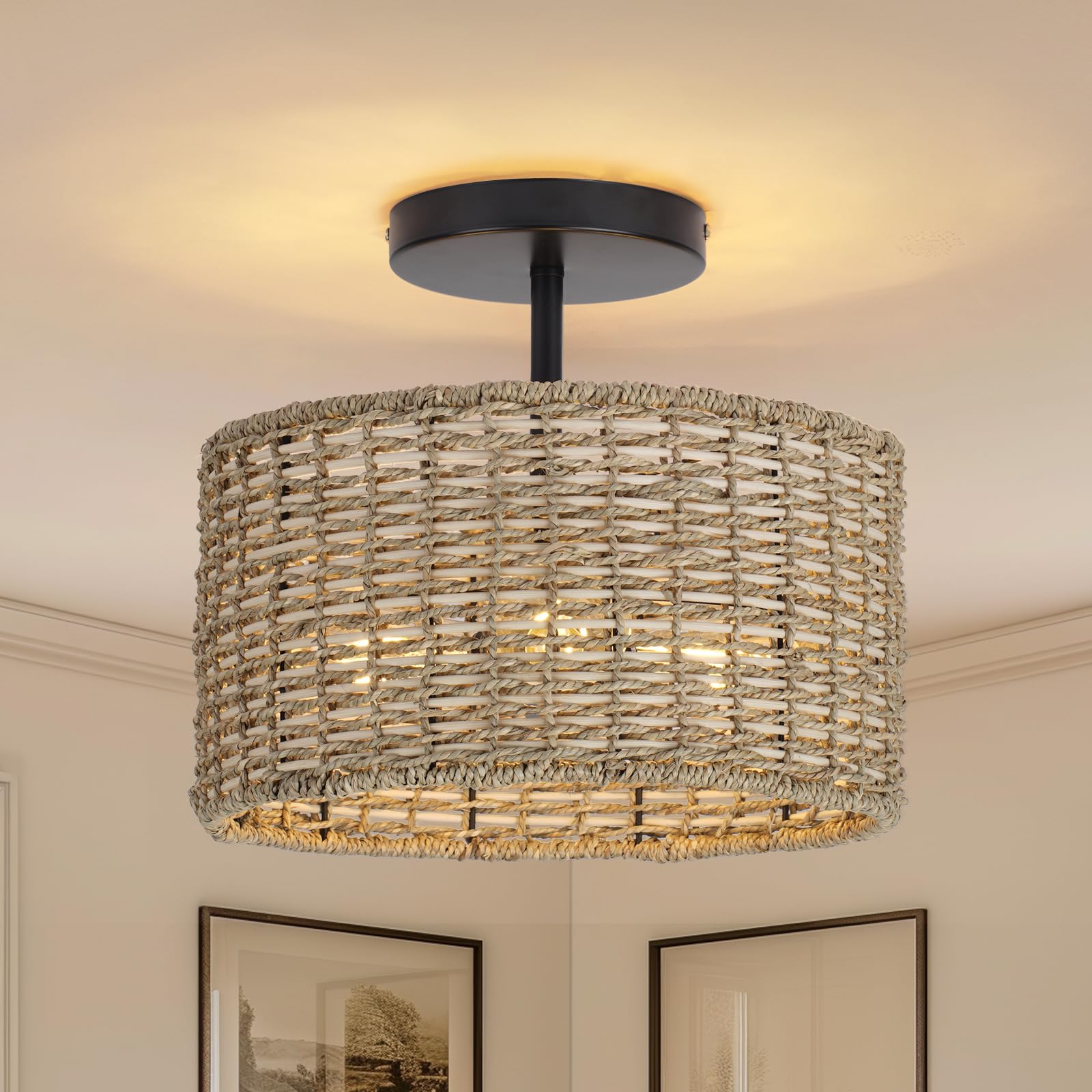 JIWUZHI Boho Light Fixtures Ceiling Mount 12.6 Rattan Ceiling Light Fxiture 3-Light Semi Flush Mount Light Fixture Farmhouse Wicker Ceiling Light for Hallway Bedroom Kitchen Nursery Entryway