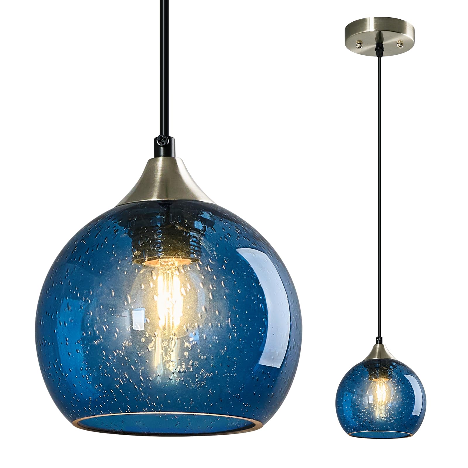Lbsqj Blue Glass Pendant Lights Kitchen Island Lighting Globe Pendant Light Fixtures Modern Pendant Lighting For Kitchen Island Bedroom Living Dining Room Light Fixture(5.9In  1-Pack)