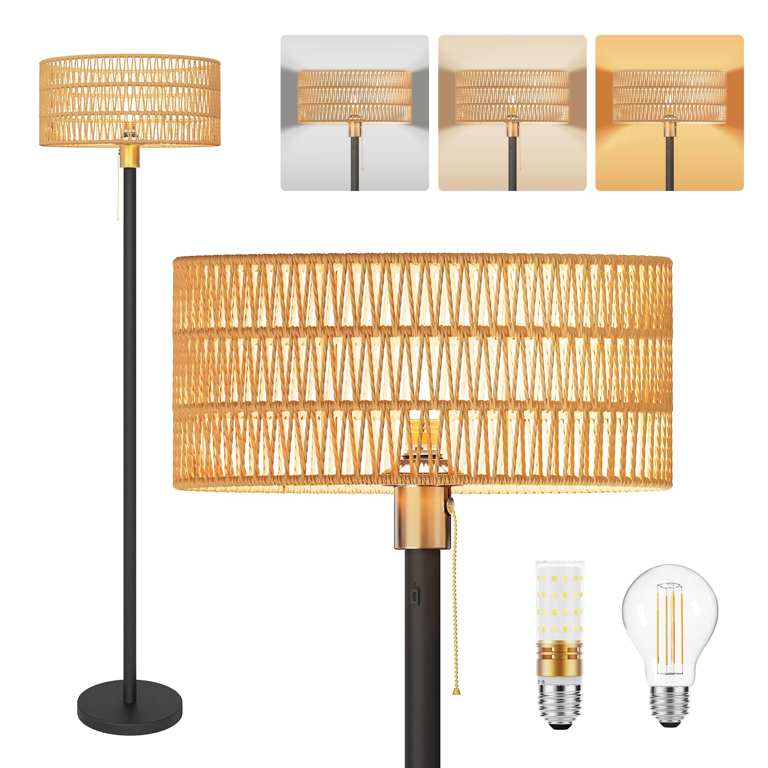 LGMCF Cordless Rattan Floor Lamp with 3 Color Temperature, Dimmable Rechargeable Farmhouse Floor Lamp with Pull Cord Switch, Boh