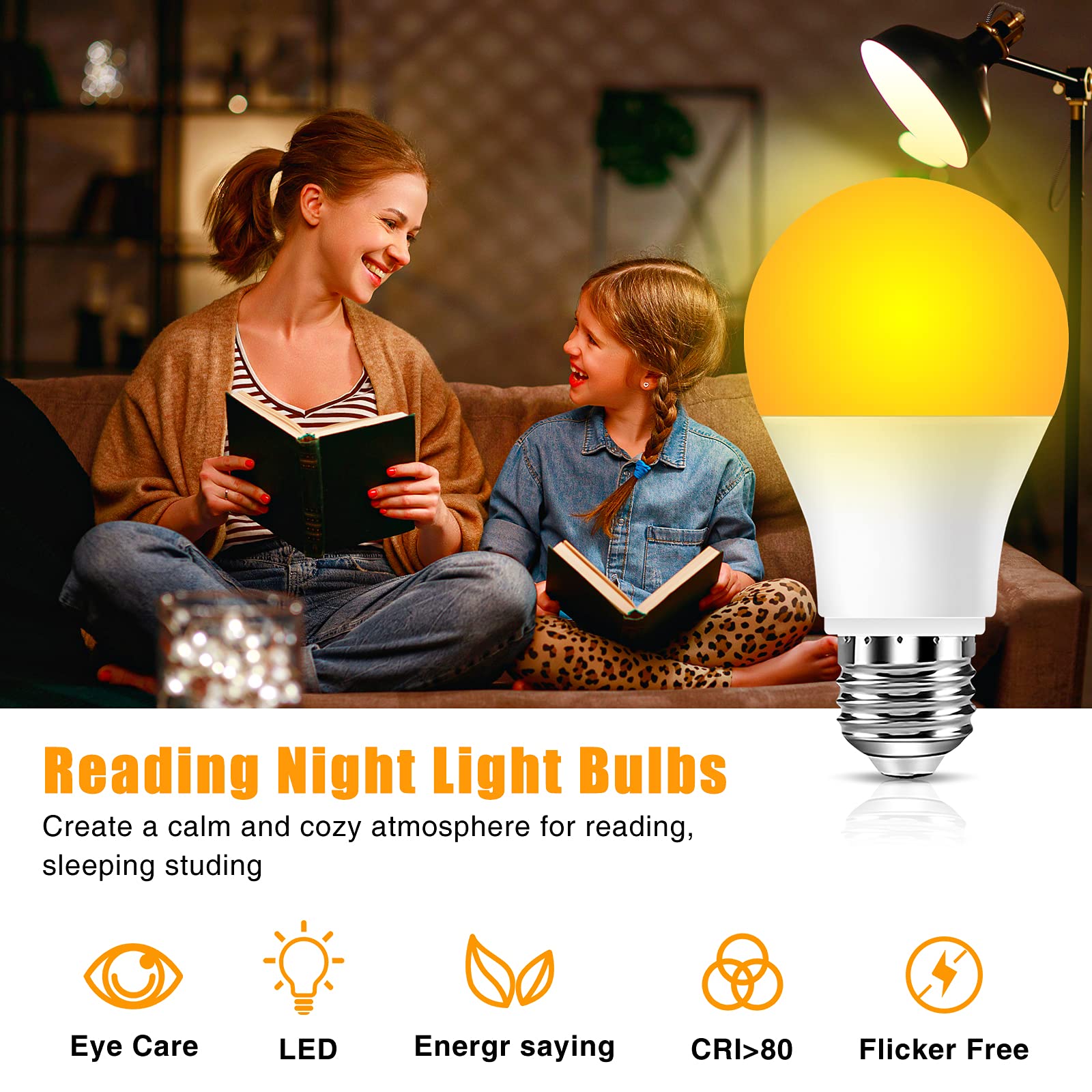 Neporal Amber Light Bulbs, 9W A19 Soft Light, Blue Light Blocking, 3 Pack, 1800K Night Light for Sleep & Nursery