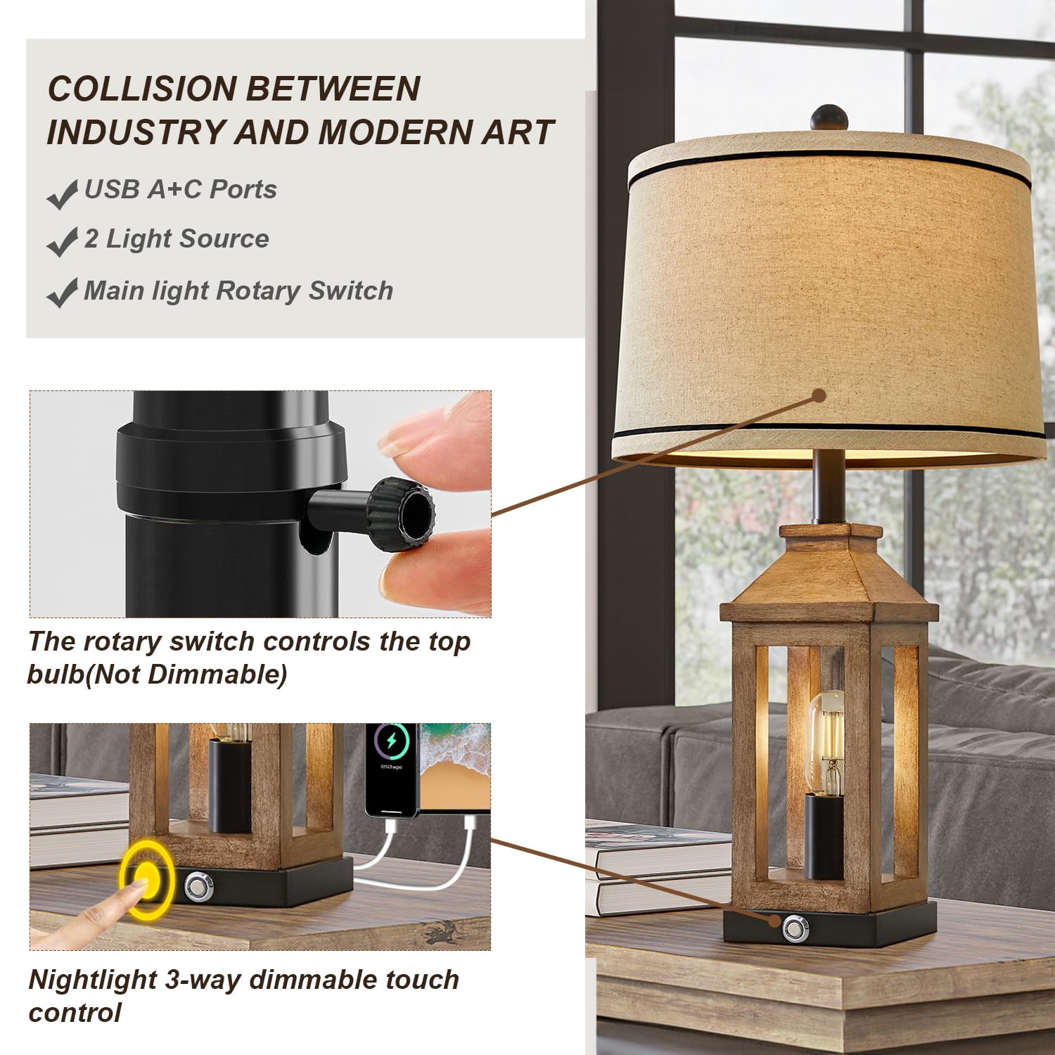 G-SAFAVA Farmhouse Table Lamp - 23.75" Touch Control, USB A+C Ports, 3-Way Dimmable, Vintage Modern Design, Wood Finish