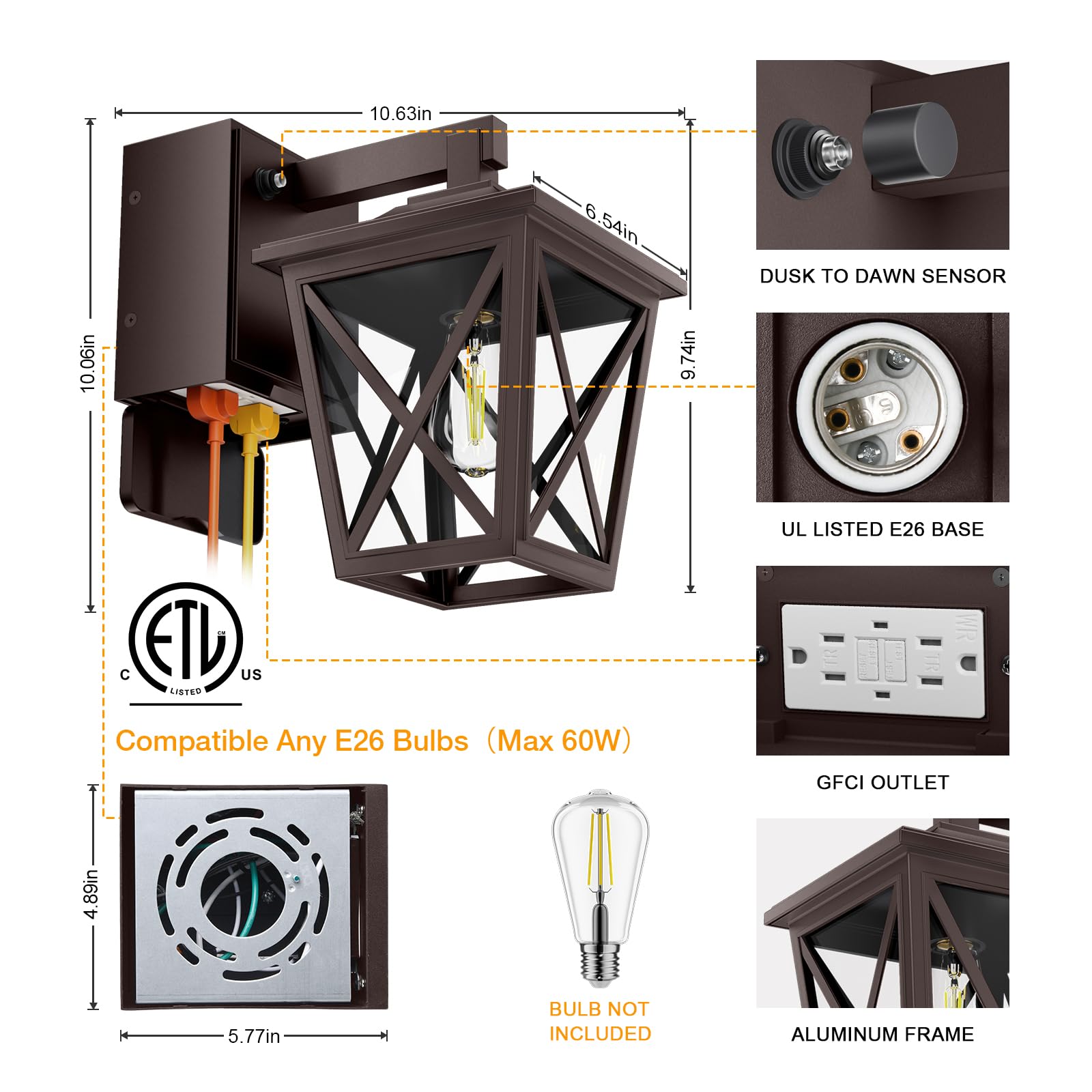 Ehaho Porch Lights With Outlet, Dusk To Dawn Outdoor Light With Outlet Built-In, Waterproof Anti-Rust Lantern Outside Light With