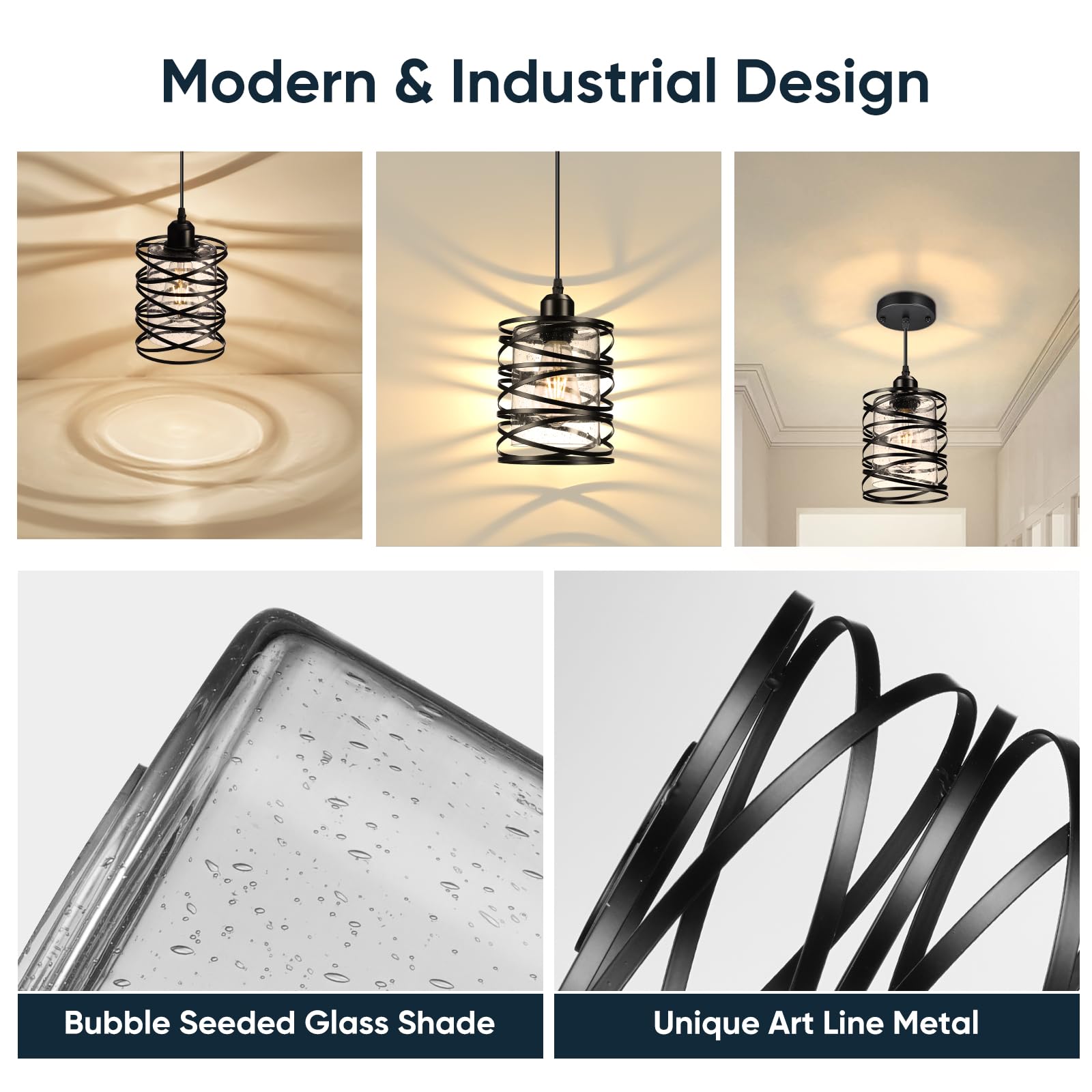 Glitnous 3-Pack Industrial Pendant Lights, Black Seeded Glass, Adjustable Kitchen Lighting, Model BE6110