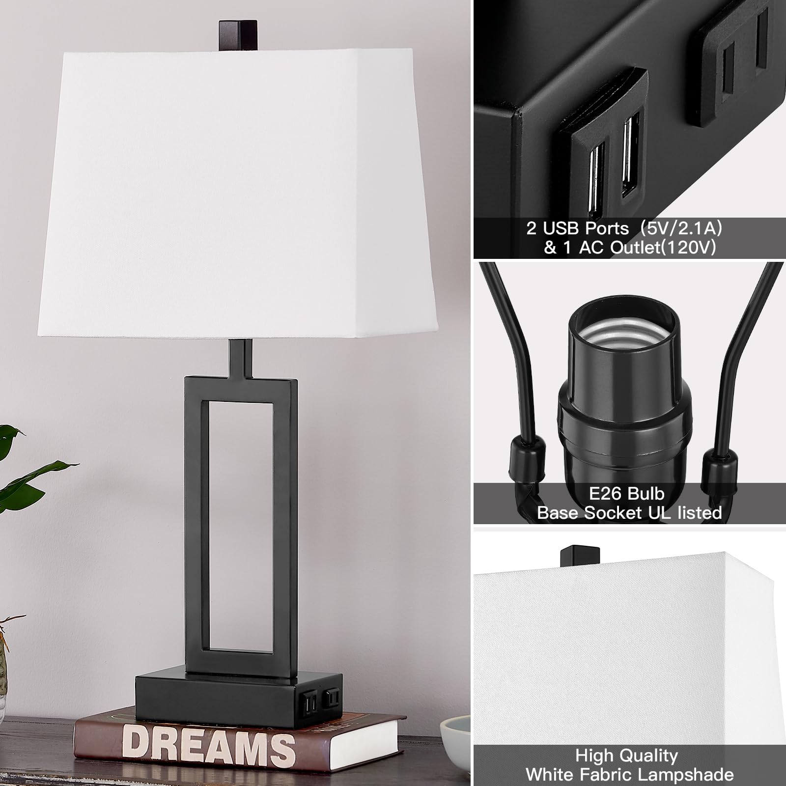 Lolikit 23.5&quot; Touch Control Table Lamps Set Of 2, 3-Way Dimmable With Usb Ports & Ac