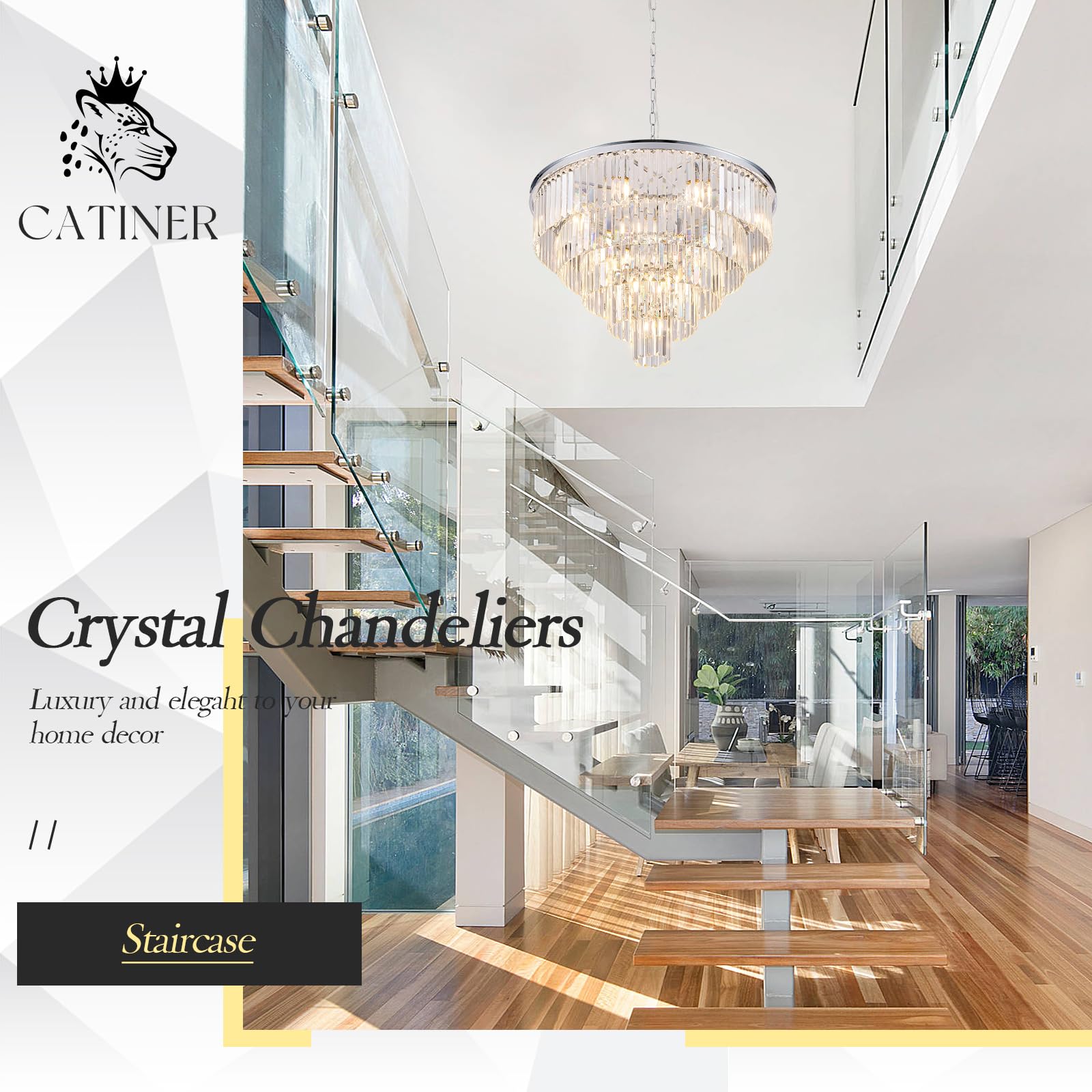 CATINER Large Chrome Crystal Chandelier, 30” 5-Tier 16 Lights Pendant Lighting for Living Room, Dining Room, Foyer, Model 91-750C