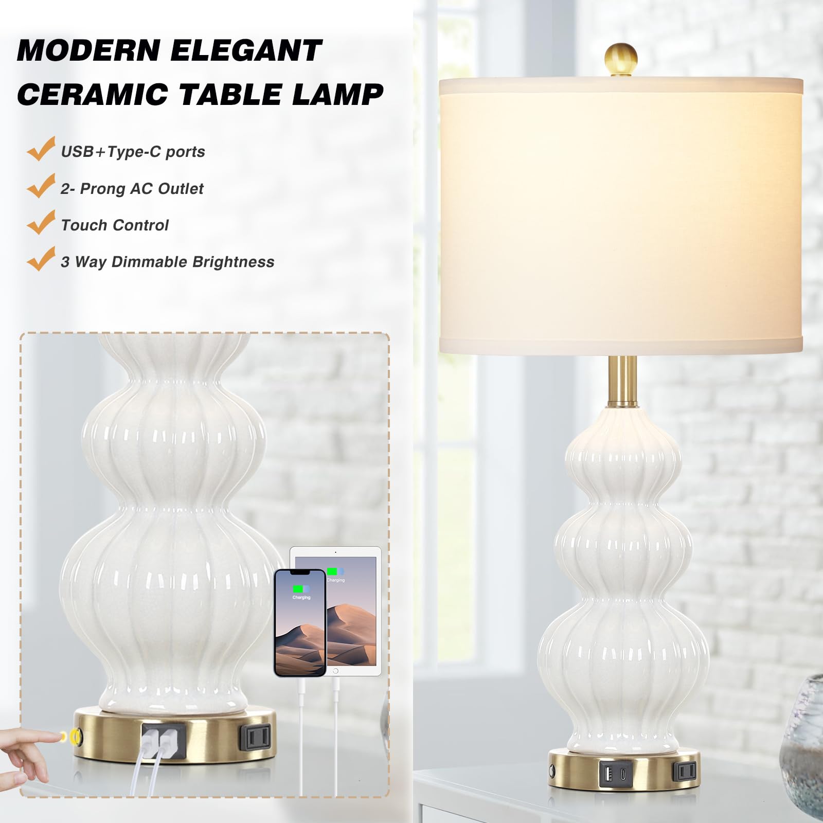 Rinweey Triple Gourd Ceramic Table Lamps Set of 2, White, Extra Large, 3-Way Touch Control, USB & AC Ports for Bedroom Living Room