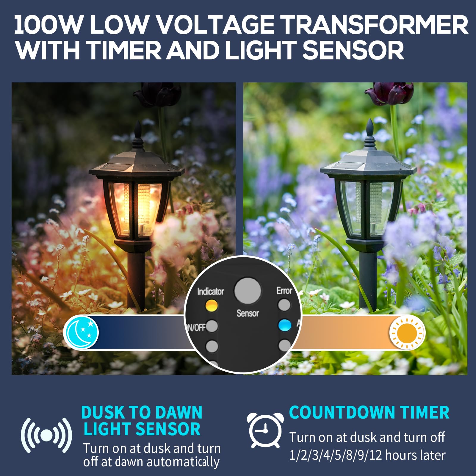 Sunmerit 100W Outdoor Low Voltage Transformer with Timer & Photocell Sensor, 120V AC to 12V DC, Weatherproof for Landscape Lighting