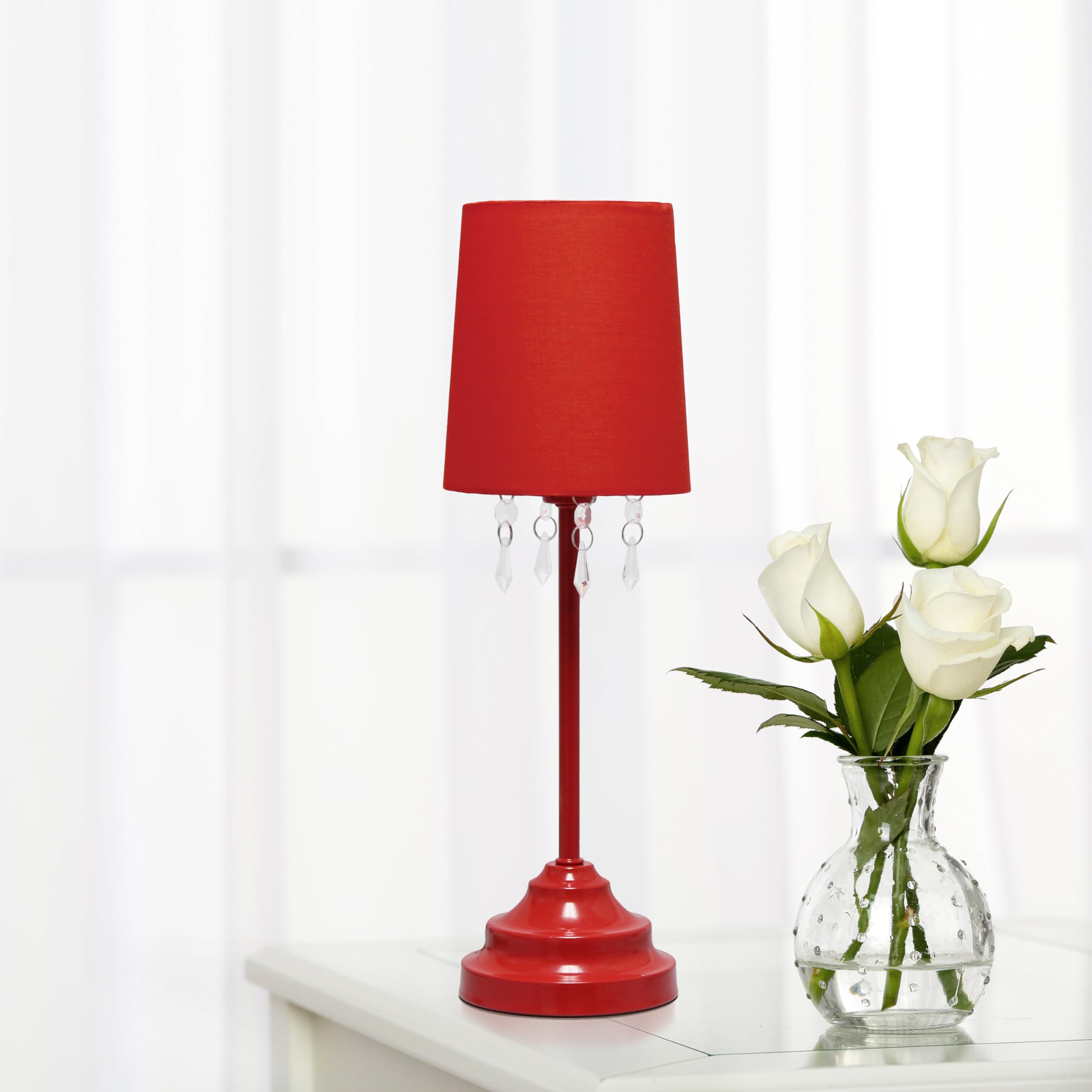 Simple Designs Lt3018-Red Table Lamp With Fabric Shade And Hanging Acrylic Beads, Red