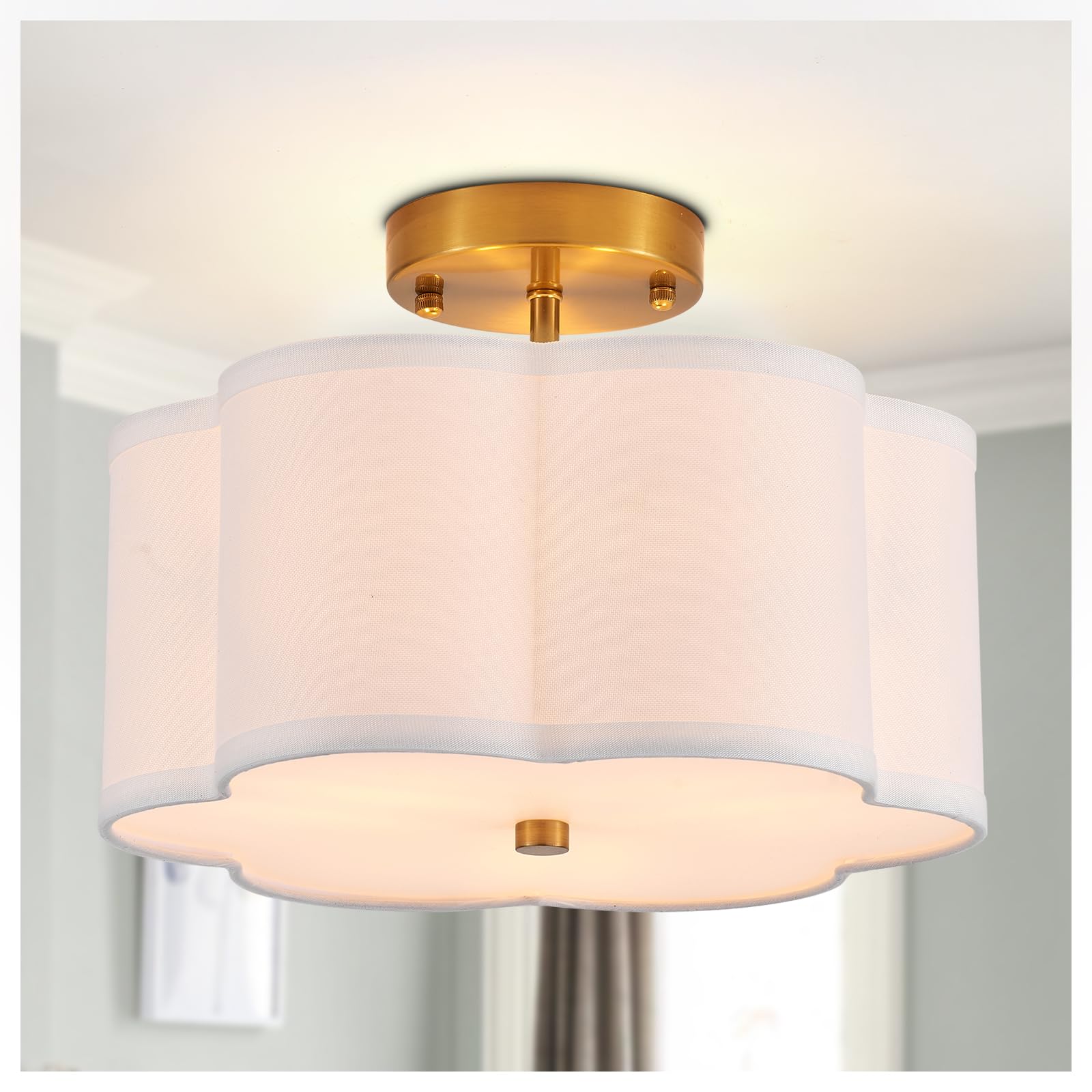 Widluth Modern Semi Flush Mount Ceiling Light Modern Gold 3-Lights Drum Ceiling Lighting Fixture Vintage Linen Golden Ceiling Lamp For Laundry Room, Kitchen, Basement, Dining Room, Bedroom