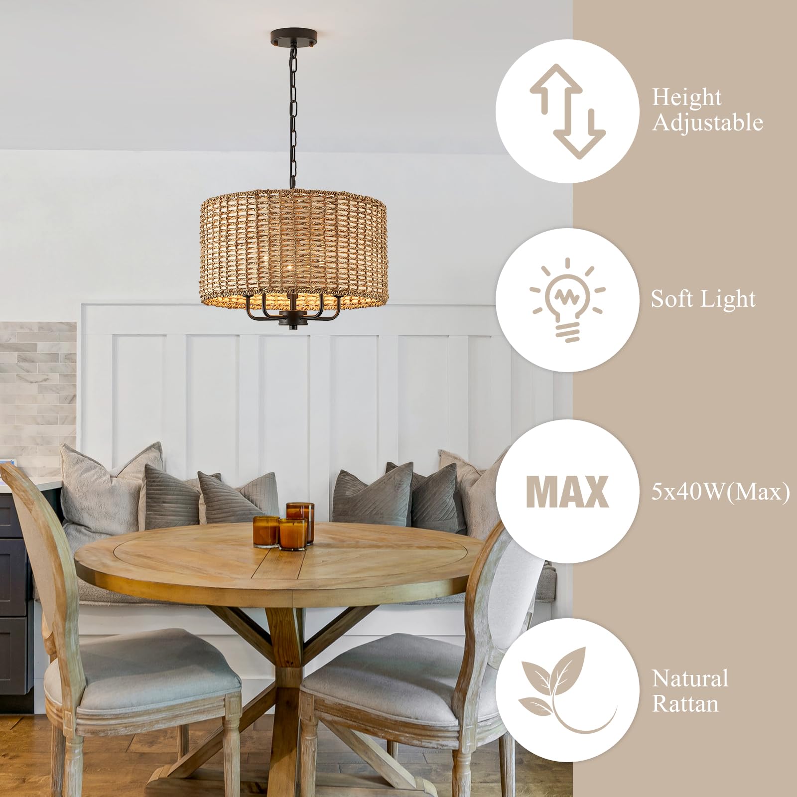 HLMRCHEN 5-Light Rattan Chandelier, 18" Boho Drum Shade, Ceiling Light Fixture for Kitchen, Entryway, Hallway - Model AM-0171-5H