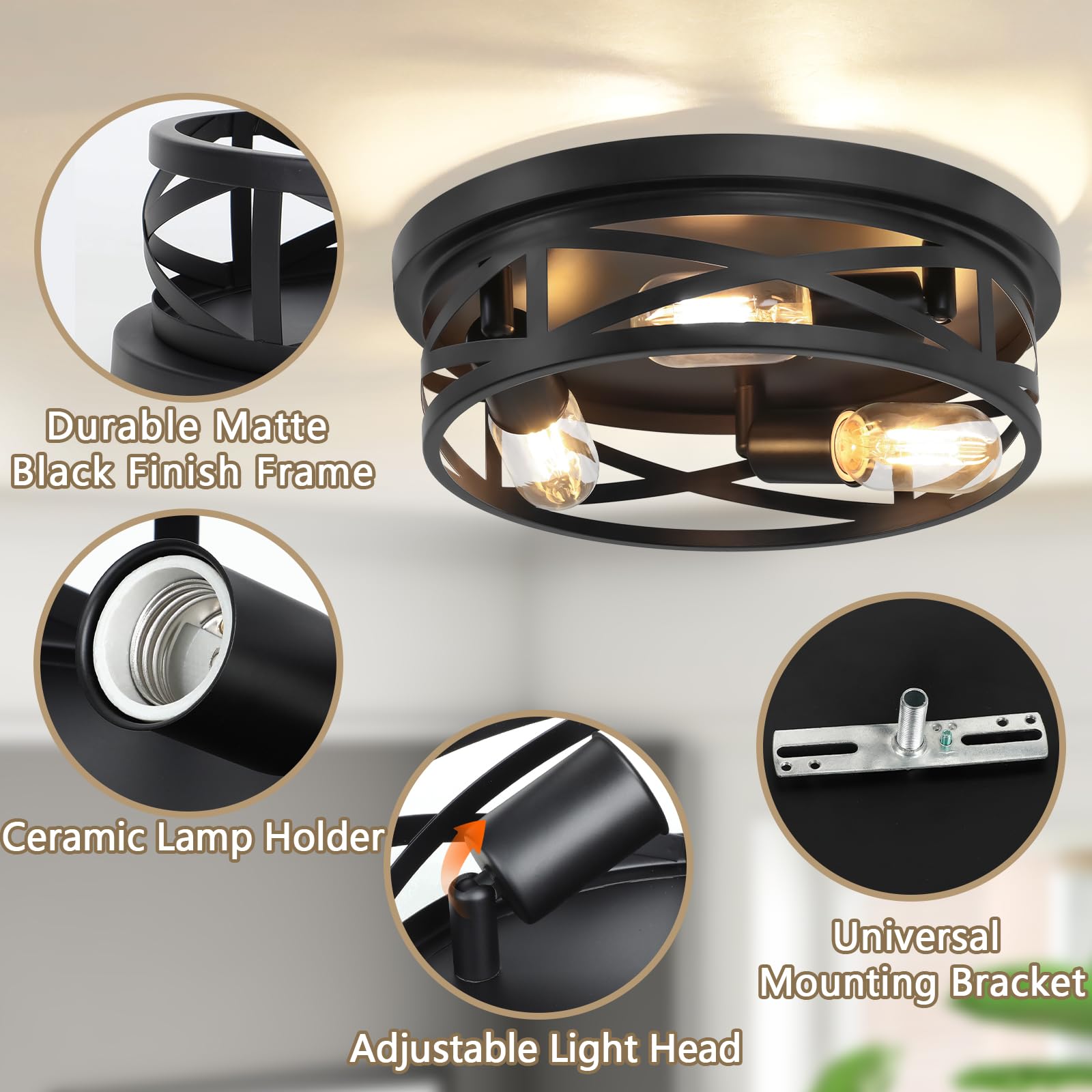 13-Inch Farmhouse Ceiling Light Fixtures 2-Pack, 3-Light Black Flush Mount Ceiling Light, Kitchen Lighting Fixtures Ceiling With