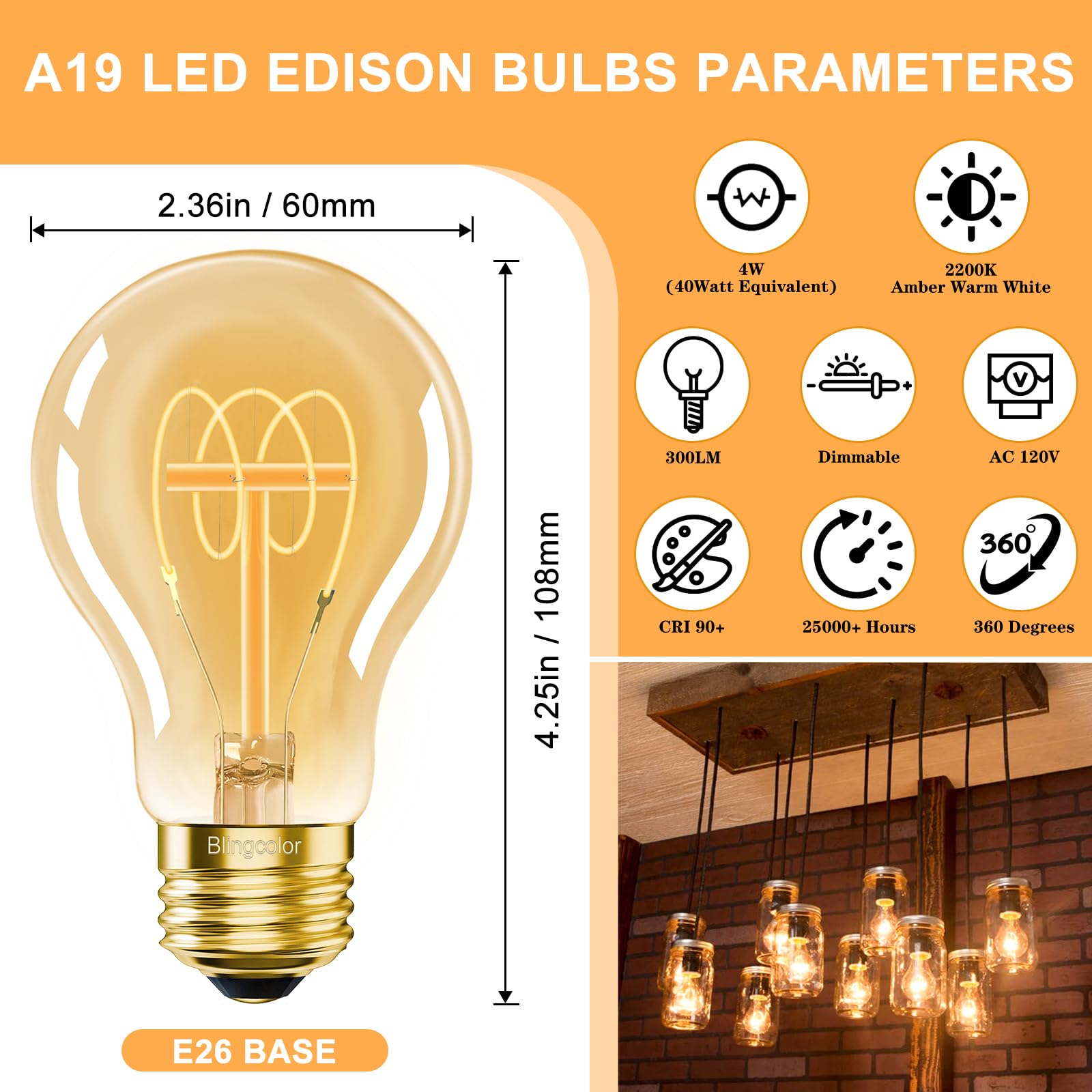 A19 Vintage Led Edison Light Bulbs 40 Watt, Dimmable E26 Led Bulbs 40W, 2200K Amber Warm Light Bulbs, 4W Led A19 Edison Bulb 40