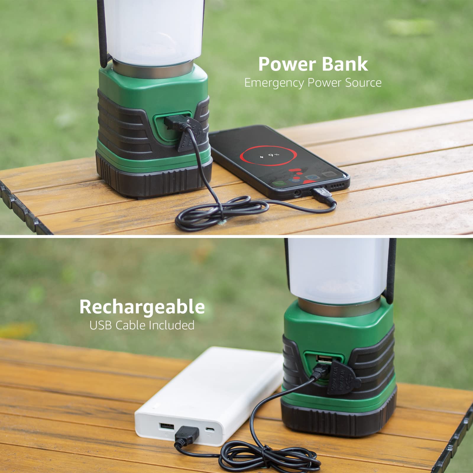 Lighting EVER LED Camping Lantern 1000LM, 4 Light Modes, Rechargeable, IP44 Waterproof, Green/Black, Model 3300008-2
