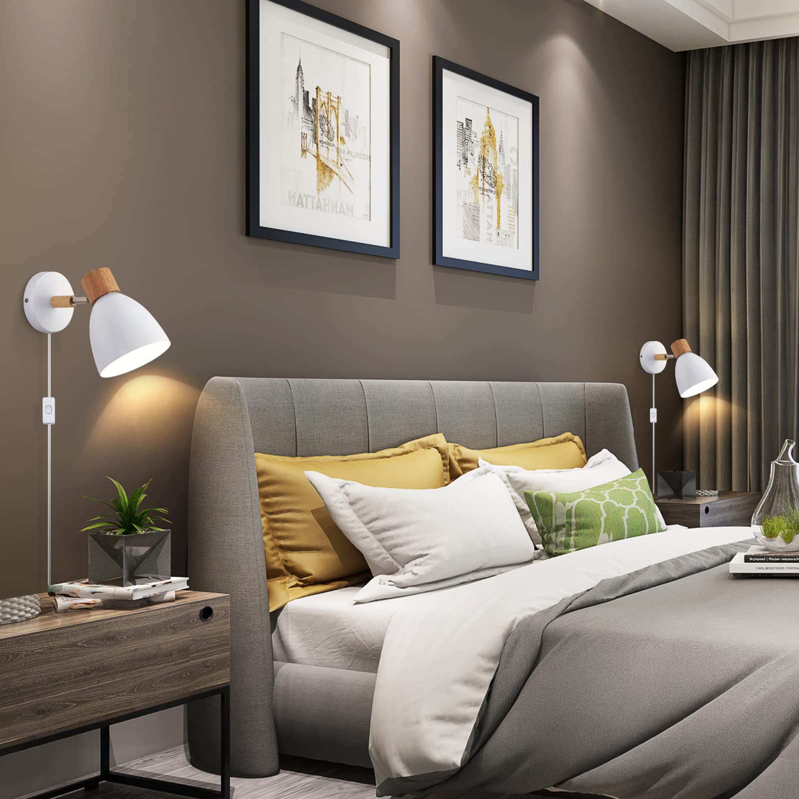 Eyooer Wall Sconces Plug In, Swing Arm Wall Lamp With Power Cord, White Plug In Wall Lighting Fixtures Set Of Two, Bedside Wall Mounted Reading Lamp With Switch, For Bedside Bedroom Hallway