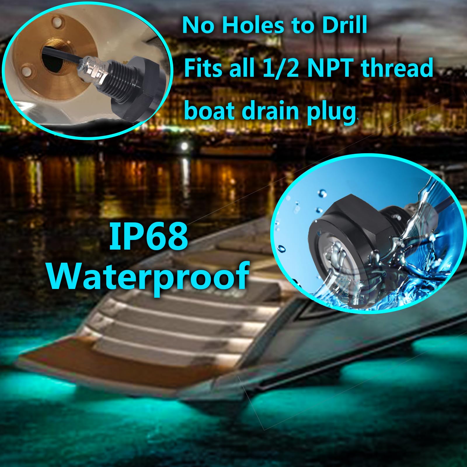 NBWDY RGB LED 1/2in NPT Boat Drain Plug Light Underwater Lights with 4-Key RF Remote Control,DC12V,50000hr Lifespan Marine Led L