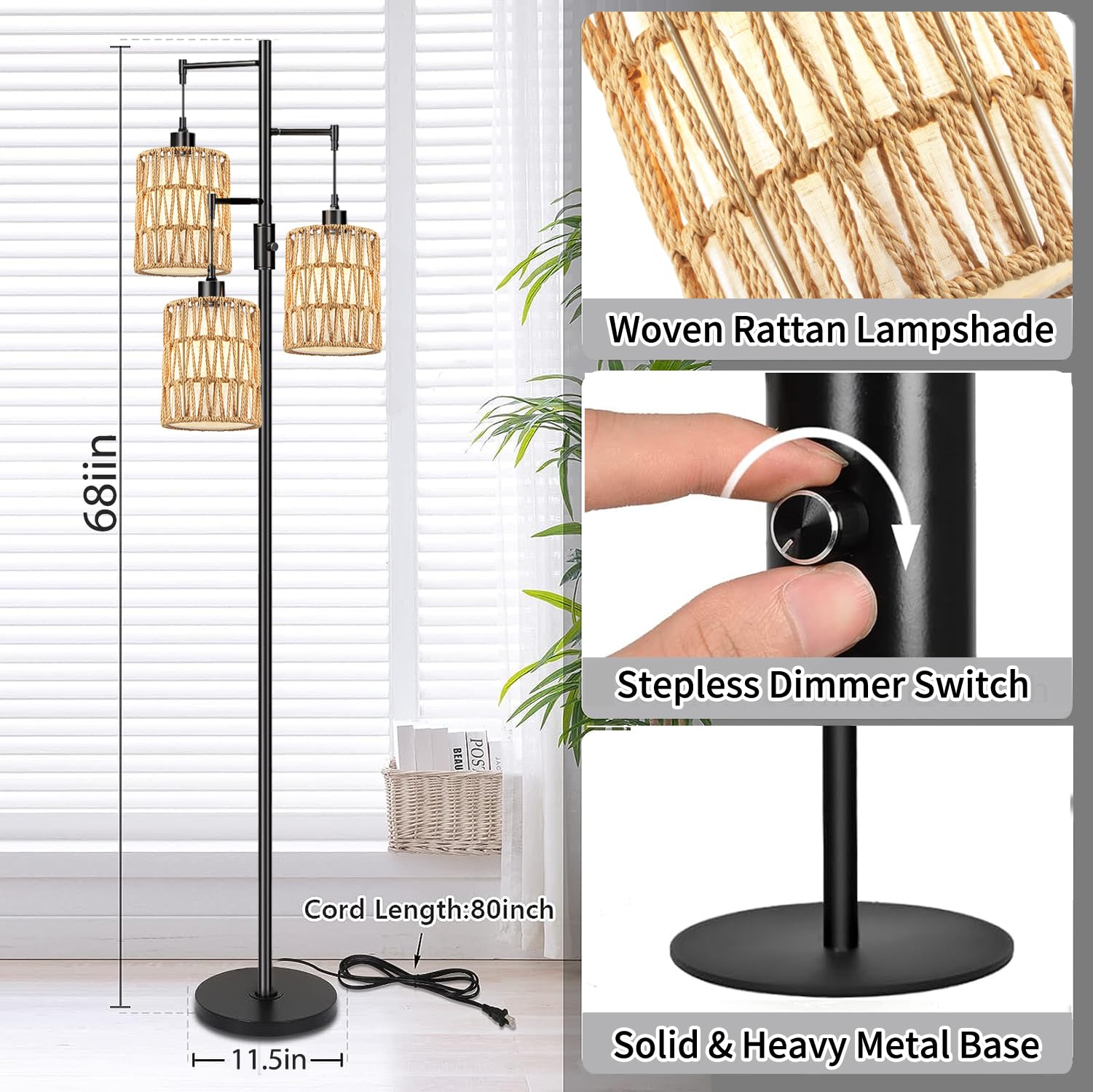 ZECOXOL Boho Floor Lamp - 3 Light Dimmable, Metal, 6.5 Inch, Black, Model 0-01, Rustic Tall Standing Lamp for Living Room, Bedroom