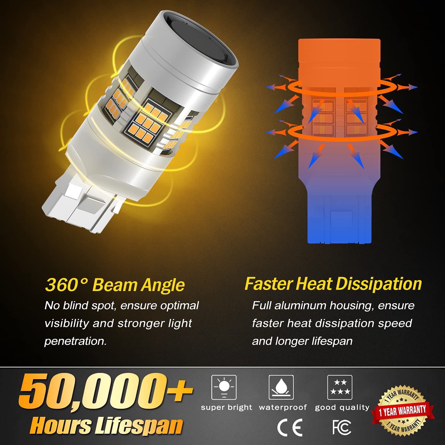 Lighsta 7440 7440A Built In Resistor Anti Hyper Flash Led Bulbs Amber Yellow, T20 7440Na 7441 W21W Wy21W Canbus Error Free Led B
