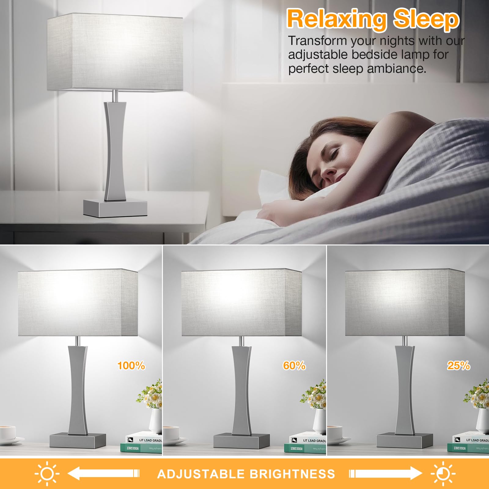 Seealle Bedside Lamps Set of 2 - 3 Way Dimmable Touch Table Lamps with USB Ports, Grey, Metal, Model jinshumian3 7