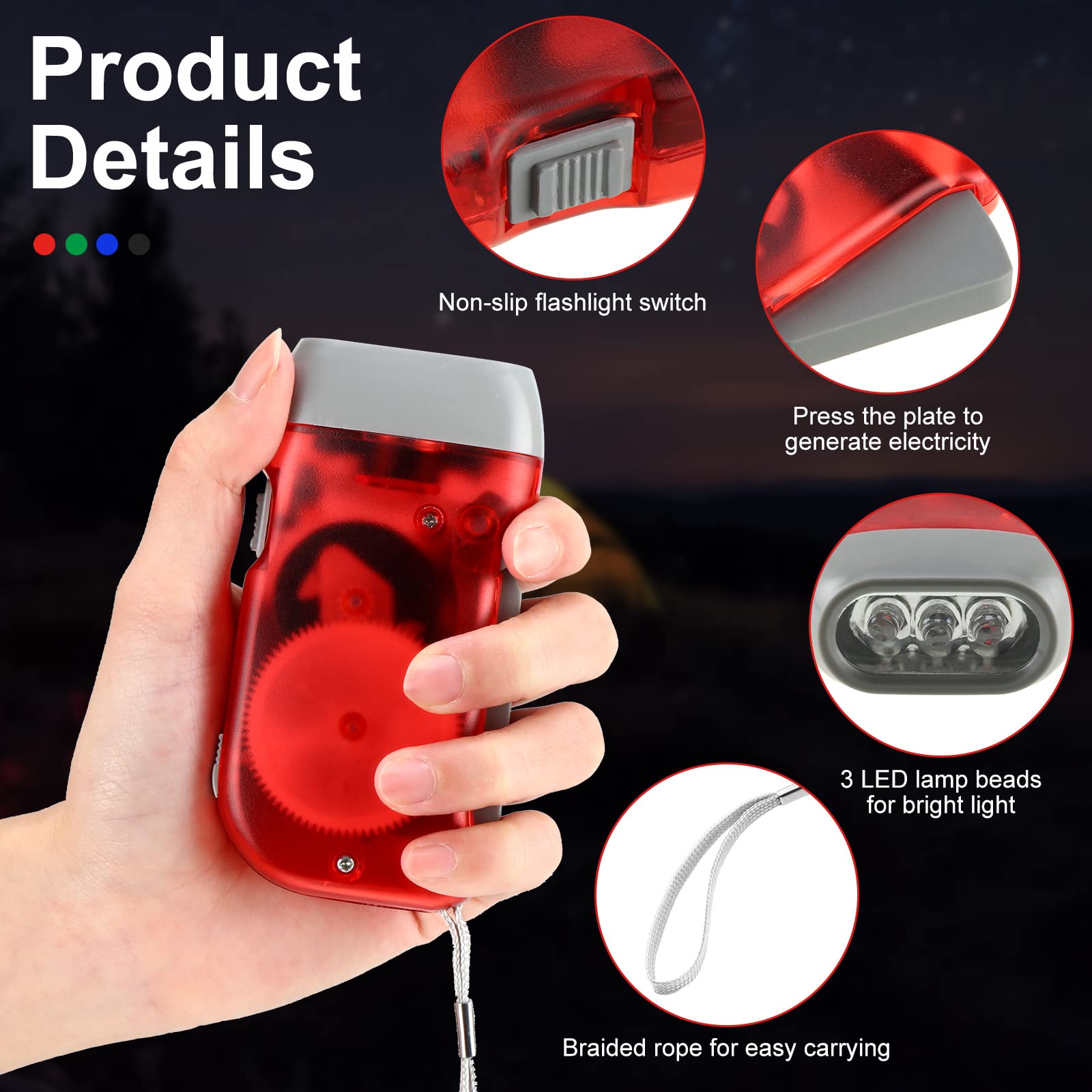 Mudder Hand Crank Flashlight with LED - Self-Powered Dynamo Torch for Camping, Emergency - Green, Grey, Blue, Red, Model CL-Mudder-492520