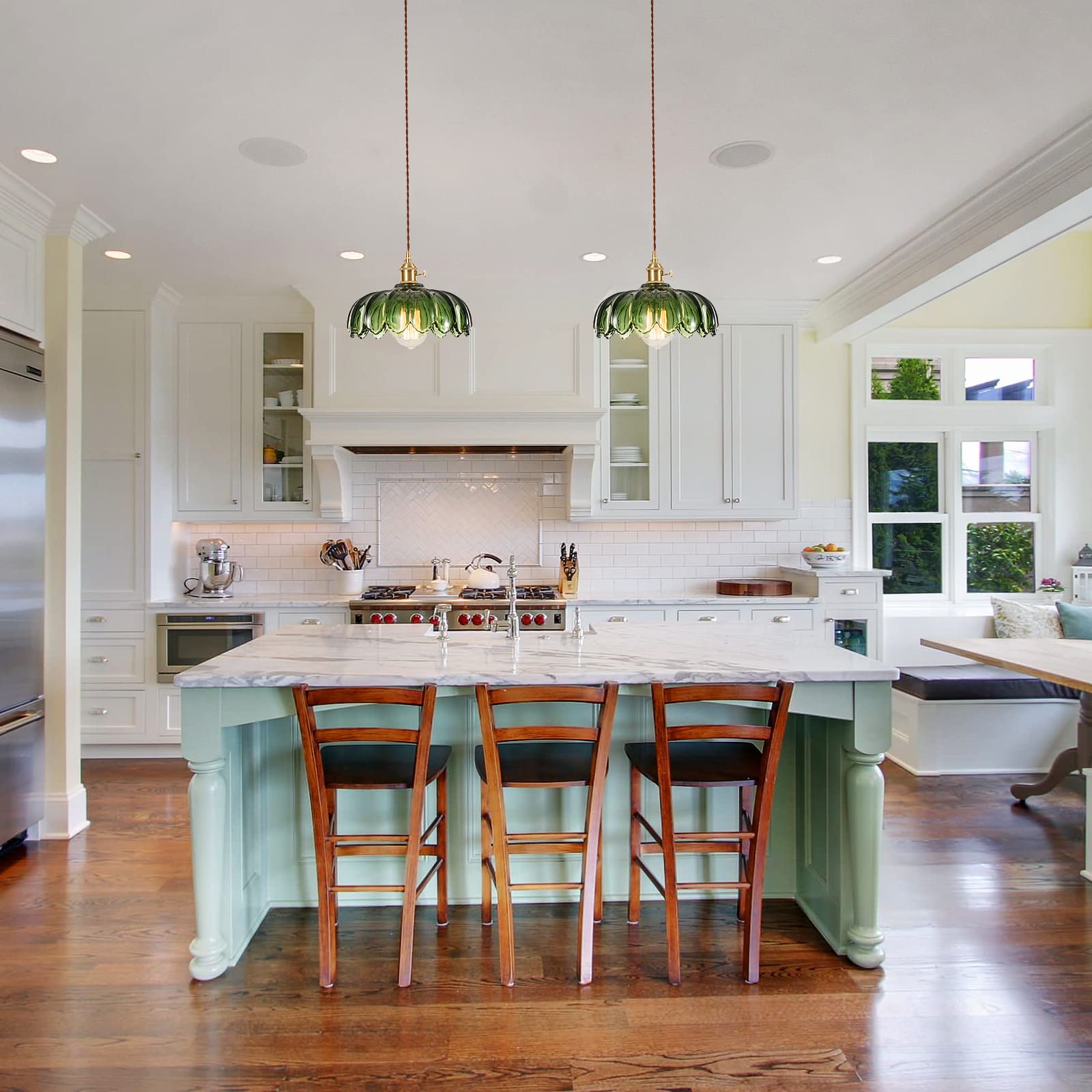 Xzhgcee Plug In Pendant Light Fixtures, Hanging Light Fixture Green Glass Pendant Light, Pendant Lighting For Kitchen Island, Bedroom, Dining Room, Living Room, E26 No Bulb