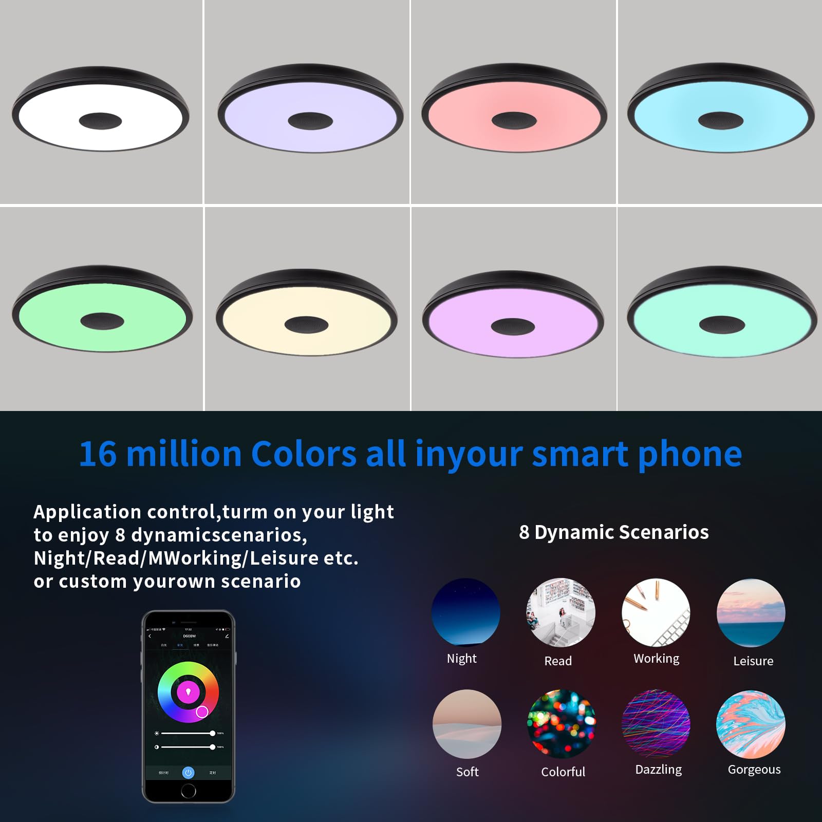 Asall Black Smart Waterproof Led Ceiling Light Fixture,18W,With Bluetooth Speaker,Rgb Color Changing Function-2700K-6500K Dimmab