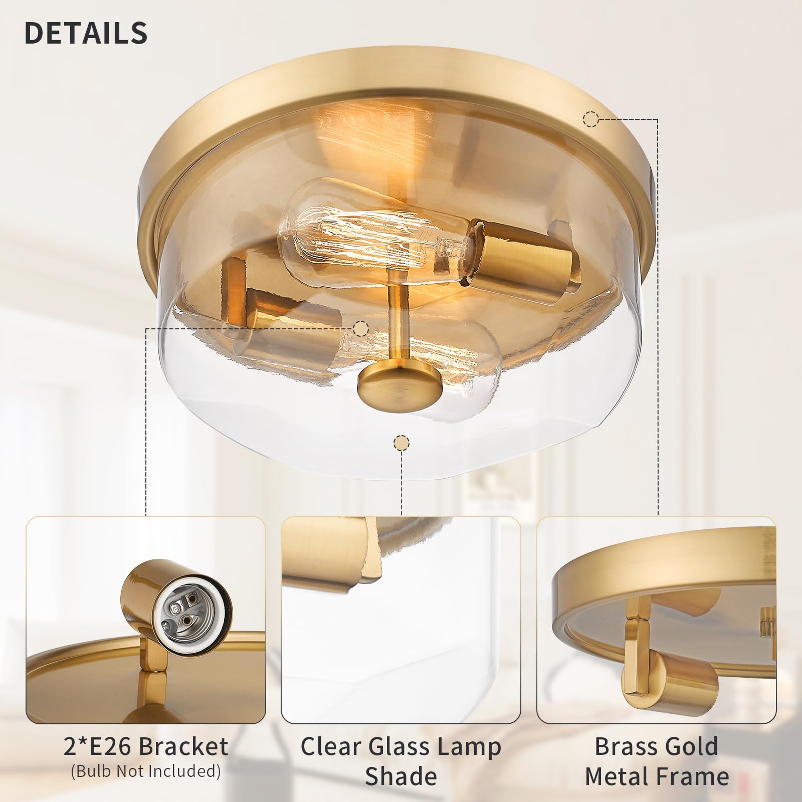 Luminzone 3-Light Flush Mount Ceiling Light, Brushed Gold, Clear Glass, Model 7J10F-L BG-A, Modern Farmhouse Design for Kitchen/Entryway