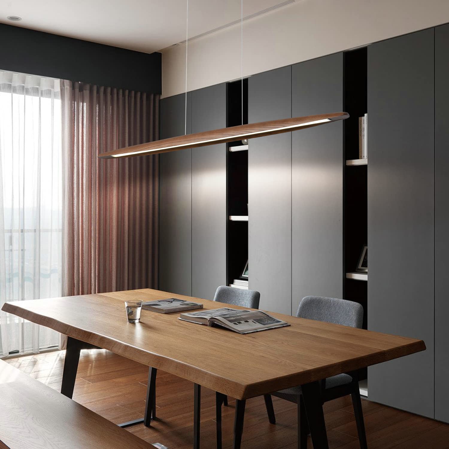 Yisdesign Walnut Wood Linear Pendant Light Fixture, 59In Dimmable Chandelier For Dining Room