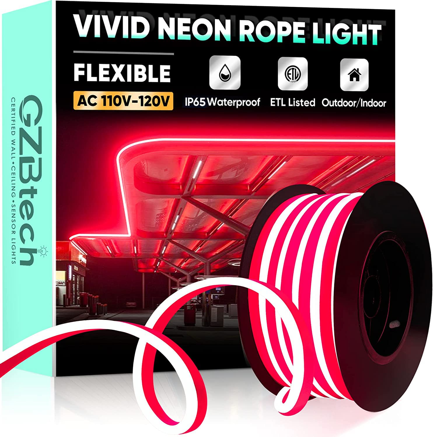 Gzbtech Flexible Led Neon Rope Lights 16.4Ft Ac 110-120V Waterproof Strip Light  120Leds/M Cuttable Connectable Neon Lighting For Indoor Outdoor Home Decor/Commercial Building Use-Red 5M