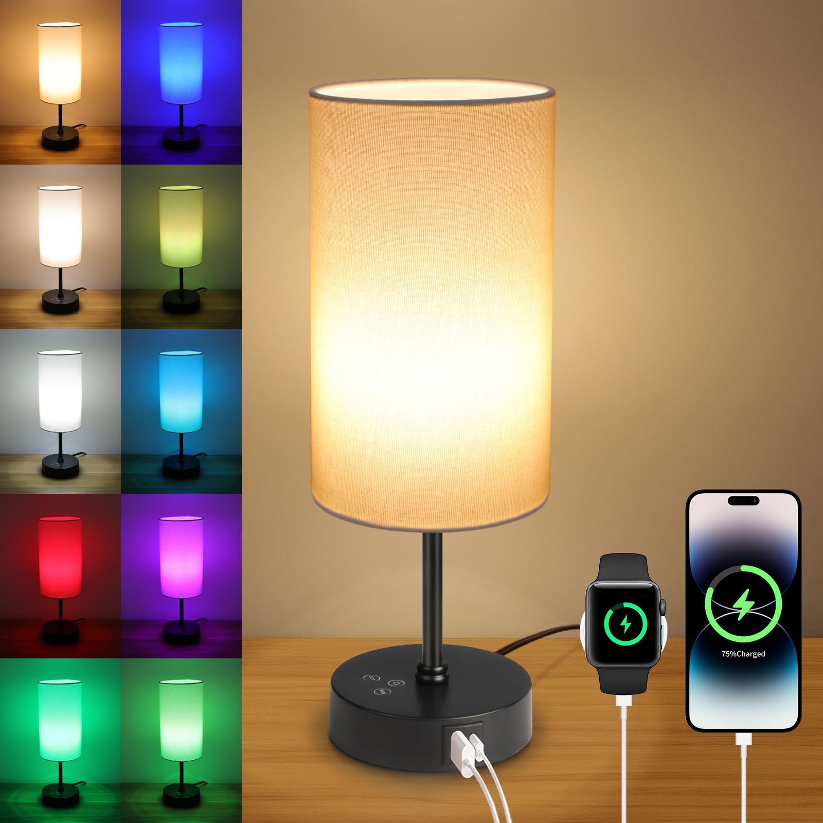 Ascher RGB Table Lamp - Color Changing, 3 Color Temperatures, Dimmable, Touch Control, Cream Shade, Small Bedside Light
