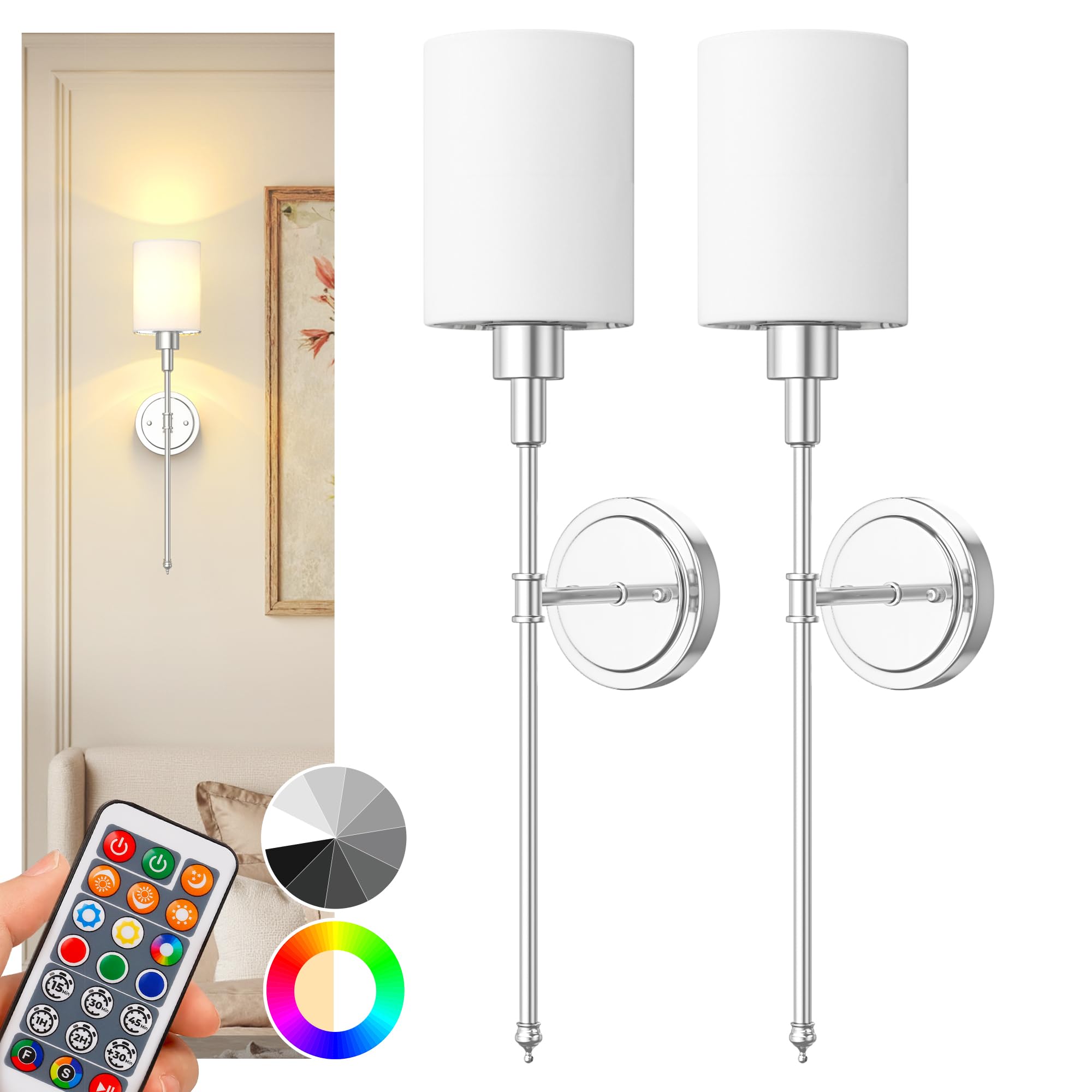 DORESshop Wall Sconce Set of 2, Wireless, Metal, Chrome, 24.3 inch Rechargeable Lights for Bedroom, Living Room Decor
