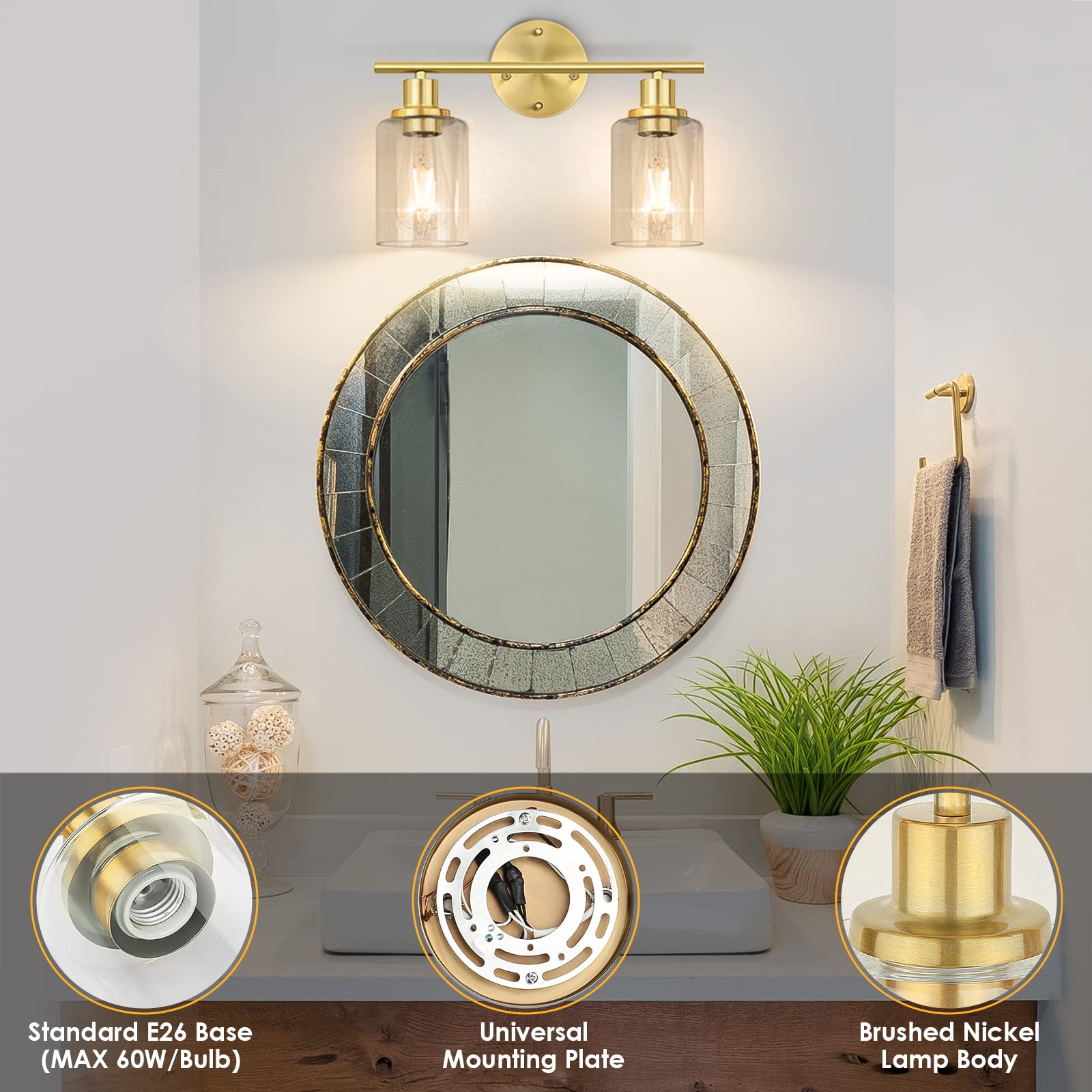 Folksmate Bathroom Light Fixtures, 2-Light Brushed Brass Vanity Light, Gold Wall Sconces Lighting, Modern Bath Wall Mounted Ligh