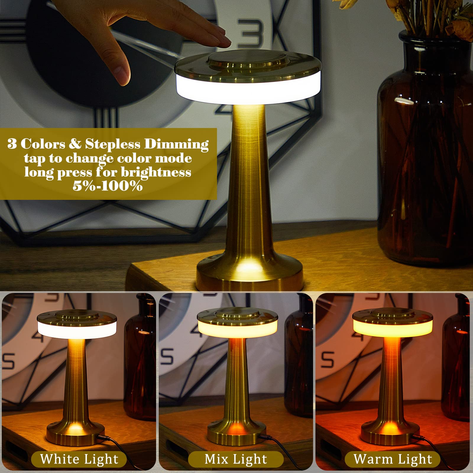 VIHOSE Gold Cordless Table Lamp - 12 Pcs, LED, Rechargeable, Touch Sensor, 3 Color Dimming, 15 Hours Battery, Model ANB-VIHOSE-