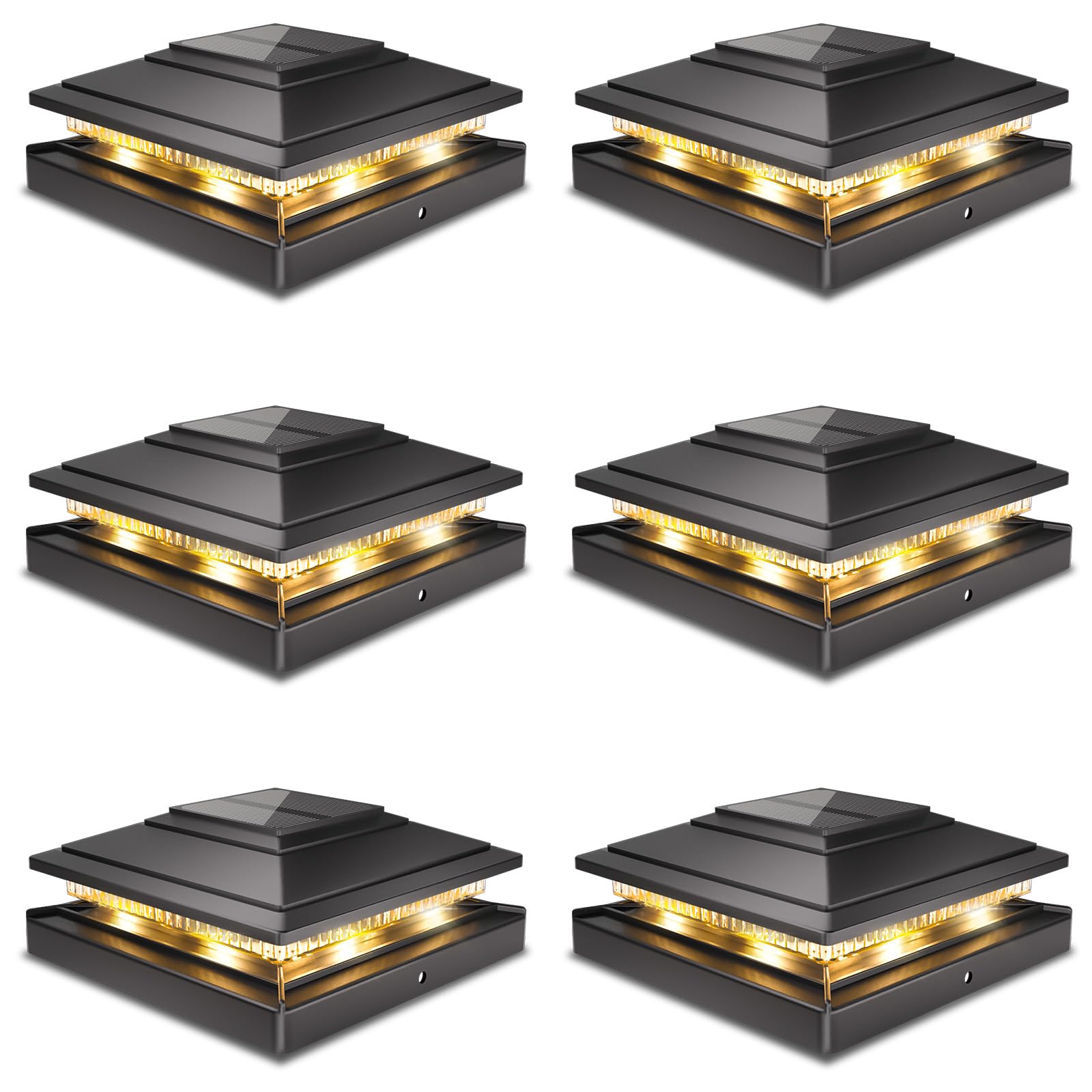 Post Caps Lights Outdoor 6pack, Waterproof Fence Post Solar Lights for 4x4 5x5 6x6 Wood/Vinyl Posts, Black Solar Deck Post Light
