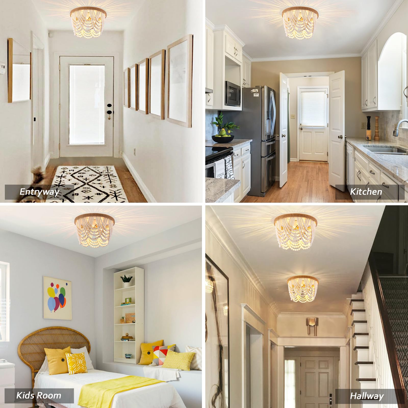 Capslpad Wood Beaded Flush Mount Ceiling Light, Antique Rustic Mini Chandelier, 3-Light, 12.8inx9.6in, Warm White, Model T14MZ02