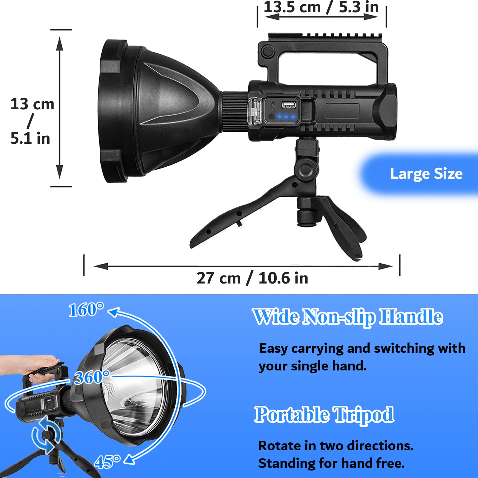 Sogidon Rechargeable Spotlight 2,000,000 Lumens LED Flashlight, IPX5 Waterproof, Large, Black, Model 01