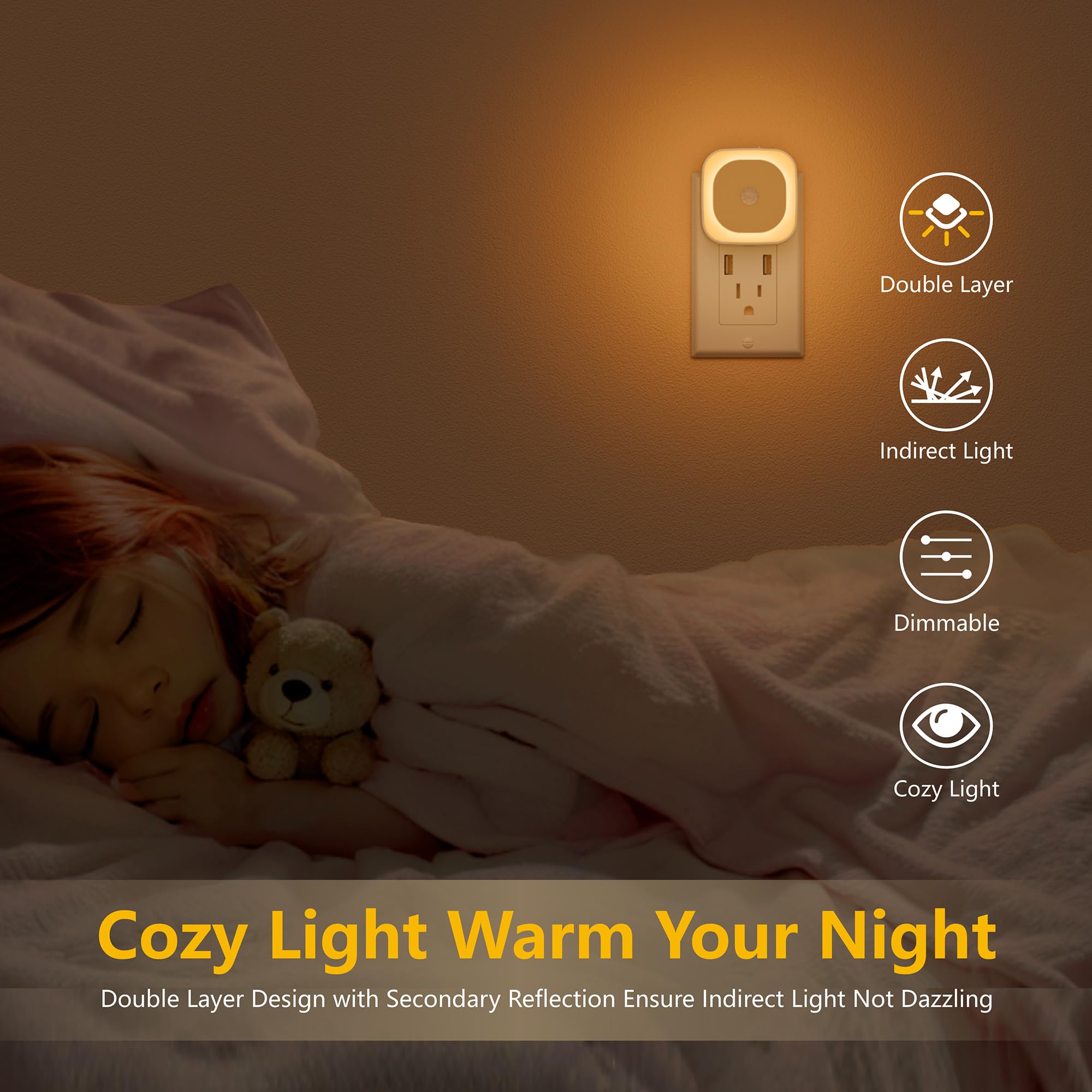 YUNLEX Plug-in Night Light with Motion Sensor, Dusk to Dawn, Dimmable, Amber, Model NLS21