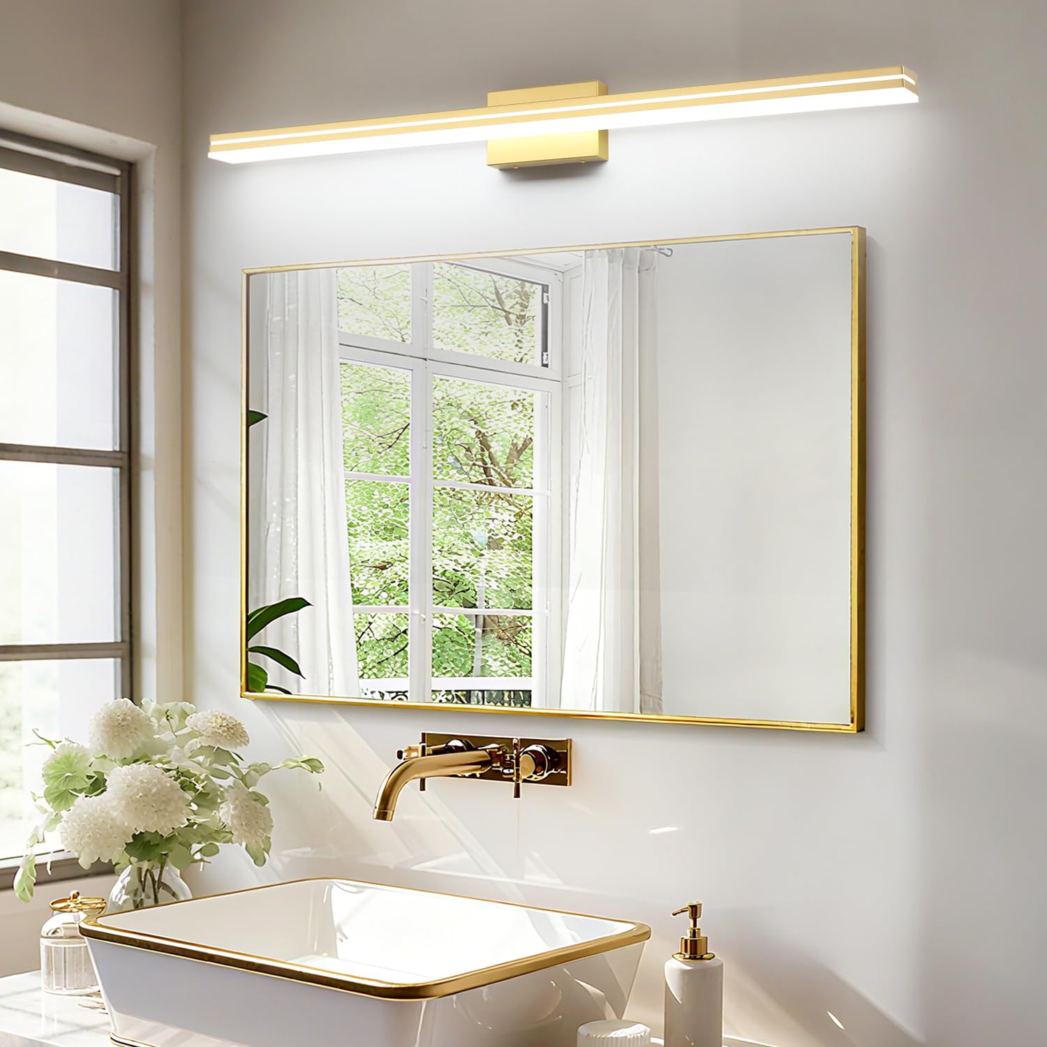 SineRise 48-Inch LED Bathroom Vanity Light Bar, Gold Stainless Steel, Cool White 6000K Wall Lighting Fixture Over Mirror